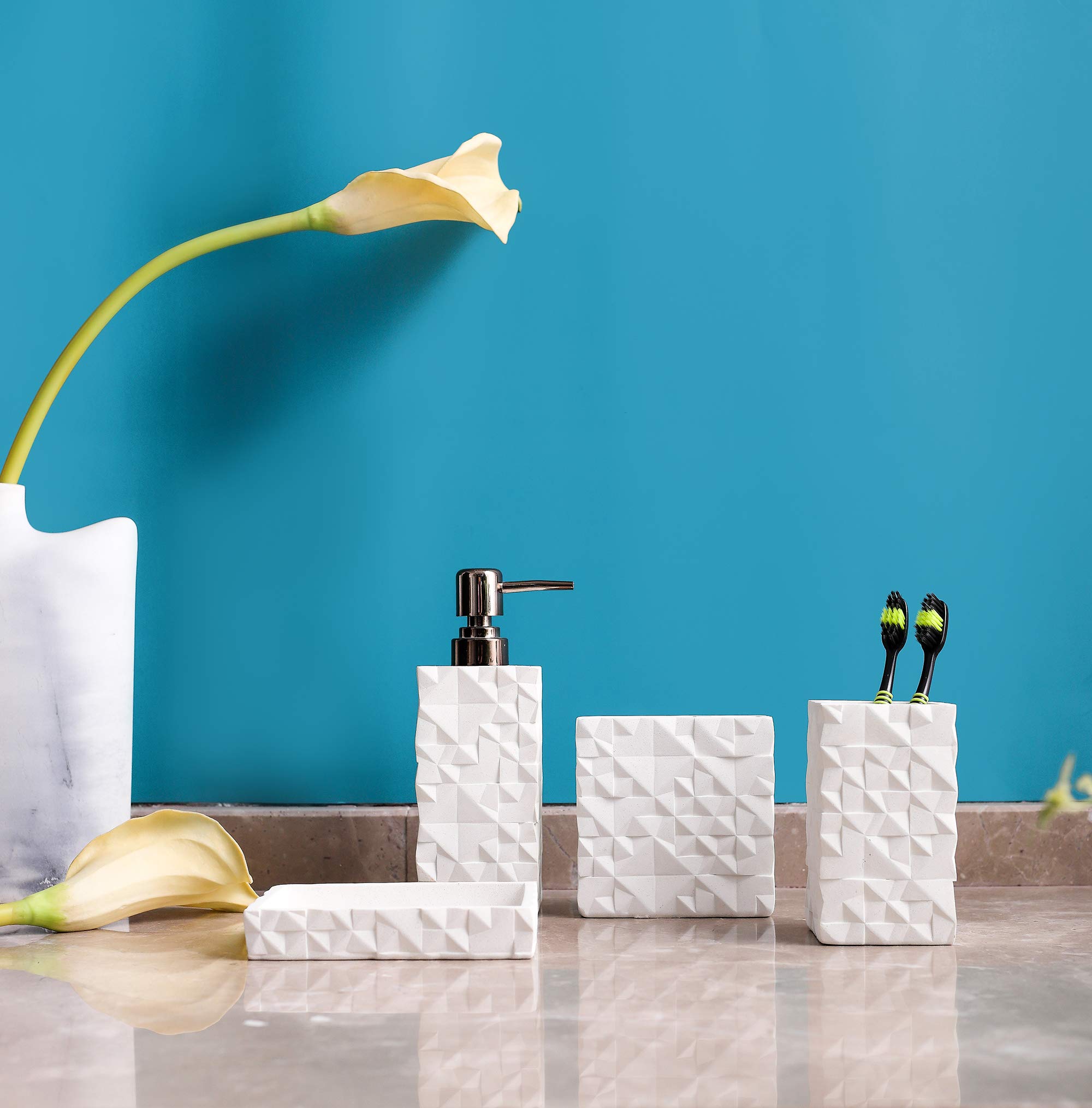 Farmhouse Bathroom Accessories Set - 4 Piece Resin Toothbrush Holder, Soap Dispenser, Soap Dish & Tumbler | Rustic Bathroom Decor for Apartment Essentials | Perfect for Guest Bathrooms, Farmhouse Style Homes & Housewarming Gifts