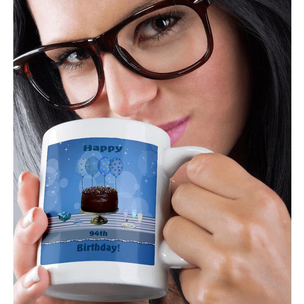 3dRose 94th Birthday Ceramic Mug - 11oz Coffee Cup with Chocolate Cake & Blue Balloons Design | Perfect Gift for Milestone Birthdays, Retirement Celebrations & Senior Party Decorations