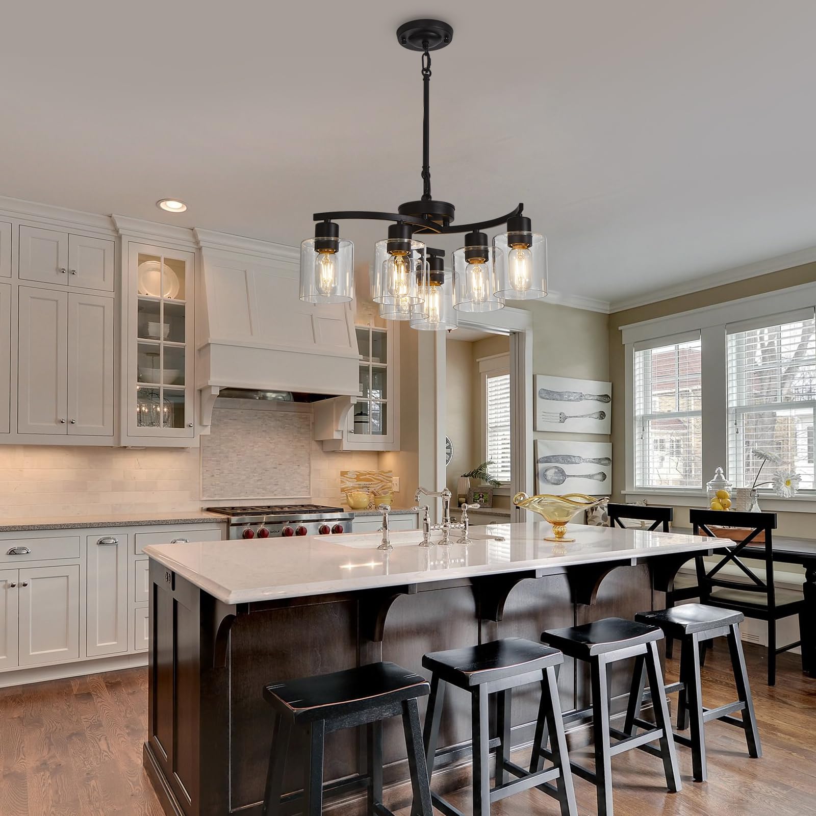 6-Light Modern Farmhouse Chandelier - Black Industrial Pendant Ceiling Light with Clear Glass Shade - Contemporary Hanging Lighting Fixture for Dining Room, Living Room, Kitchen Island & Entryway