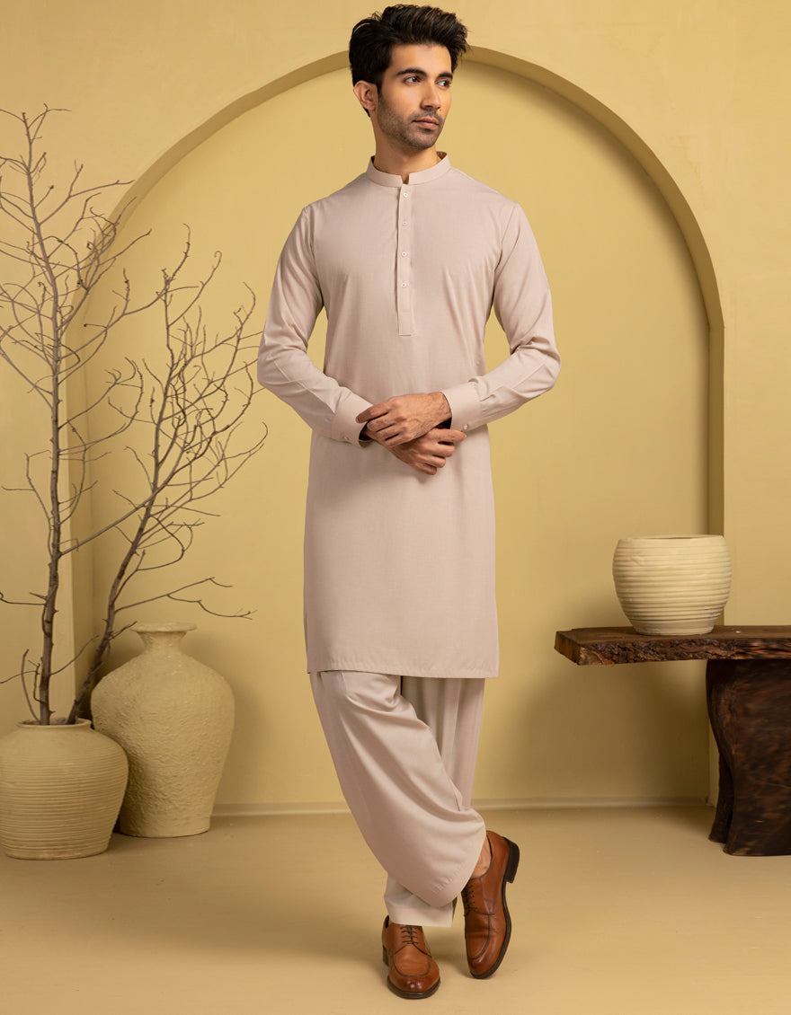 Blended Fawn Unstitched Suit by J. Junaid Jamshed - Premium Pakistani Formal Wear for Men - Perfect for Weddings, Eid & Special Occasions