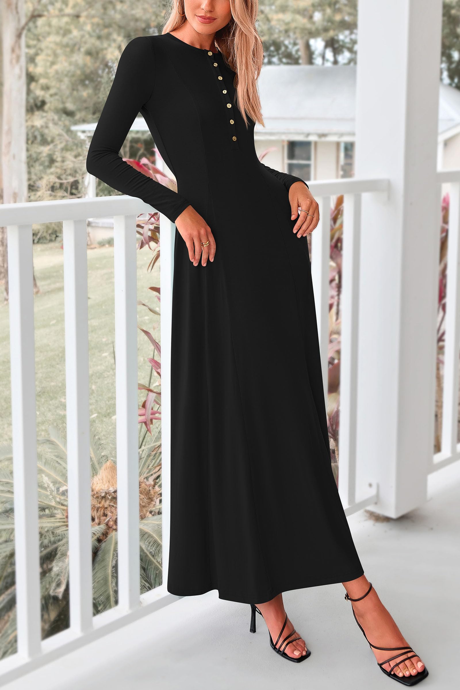 PRETTYGARDEN Women's Casual Maxi Dress 2025 - Spring Fashion Long Sleeve Button Down Fit & Flare Flowy Dress for Everyday Wear, Date Night & Vacation