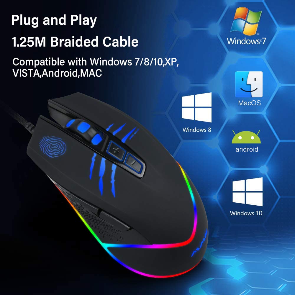 RGB Backlit Wired Gaming Mouse - 7 Programmable Buttons, 1200-7200 DPI Adjustable, USB Optical Mouse for PC, Laptop, Desktop - Perfect for FPS, MOBA Games & Professional Esports