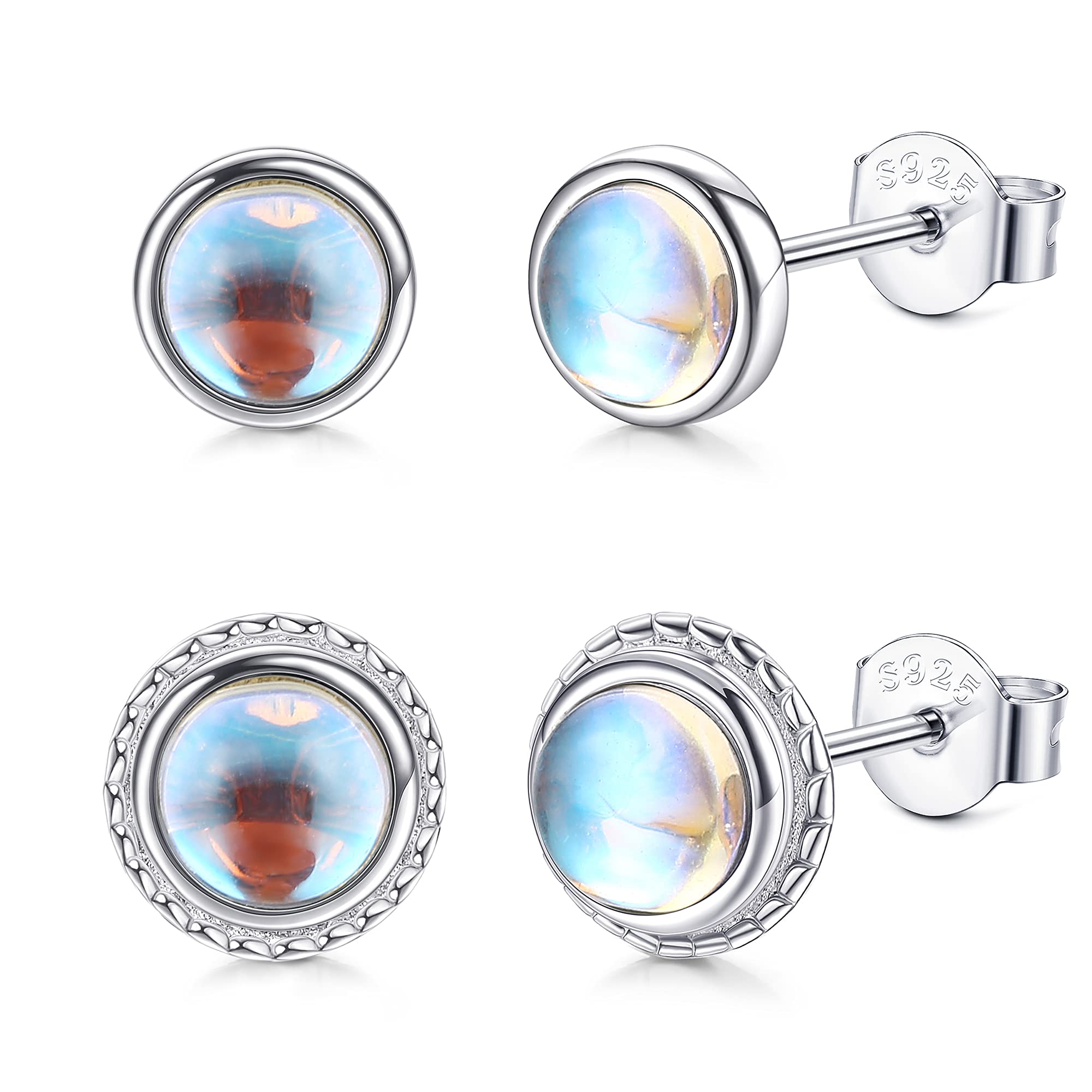 925 Sterling Silver Moonstone Stud Earrings for Women - 2 Pairs Natural Round Gemstone Earrings (Onyx, Labradorite, Amethyst, Green Peridot) | Hypoallergenic 4MM Halo Earrings Set | Perfect for Everyday Wear, Gift Giving & Special Occasions