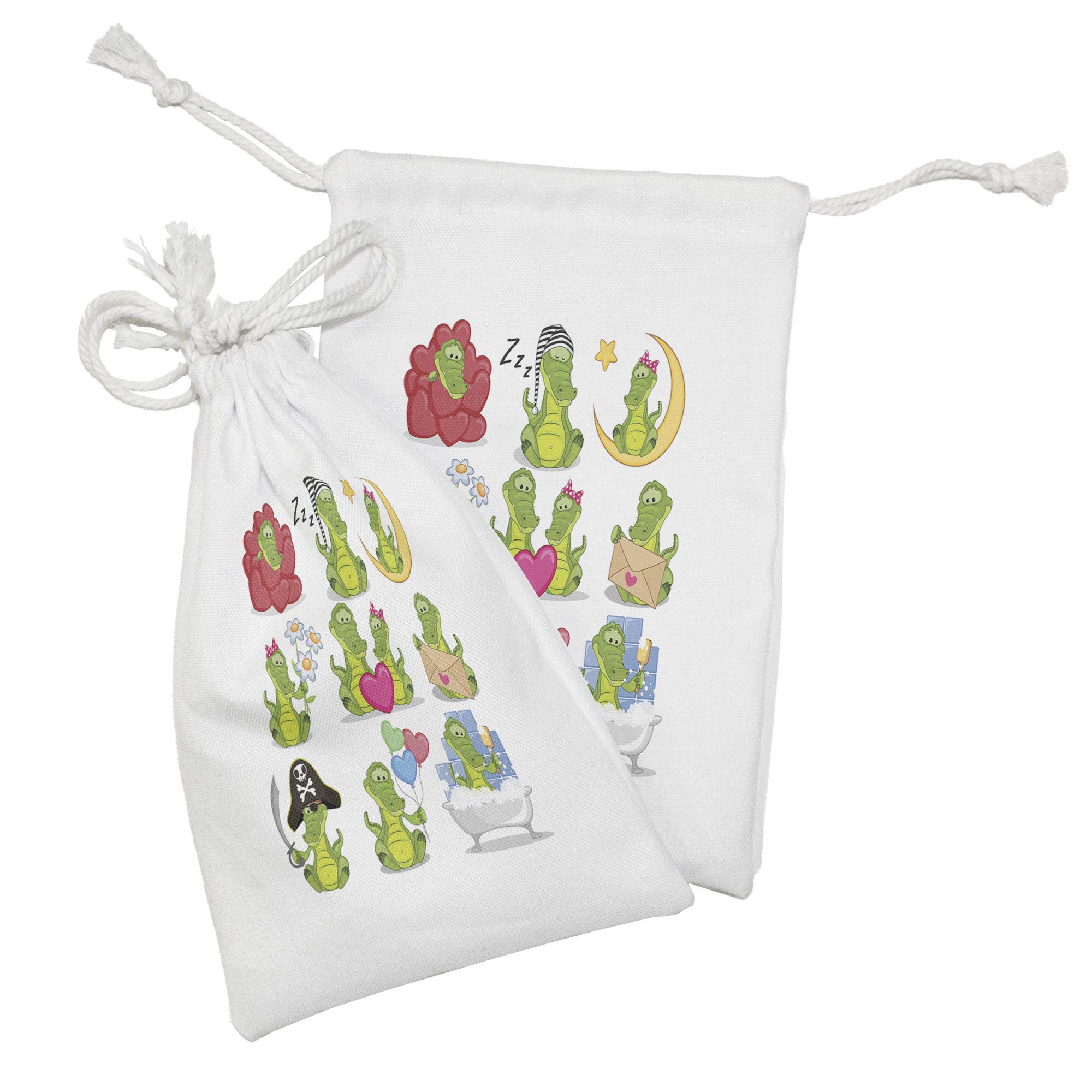 Ambesonne 2-Pack Crocodile Cartoon Fabric Pouches - Small Drawstring Bags for Toiletries, Masks & Party Favors (9