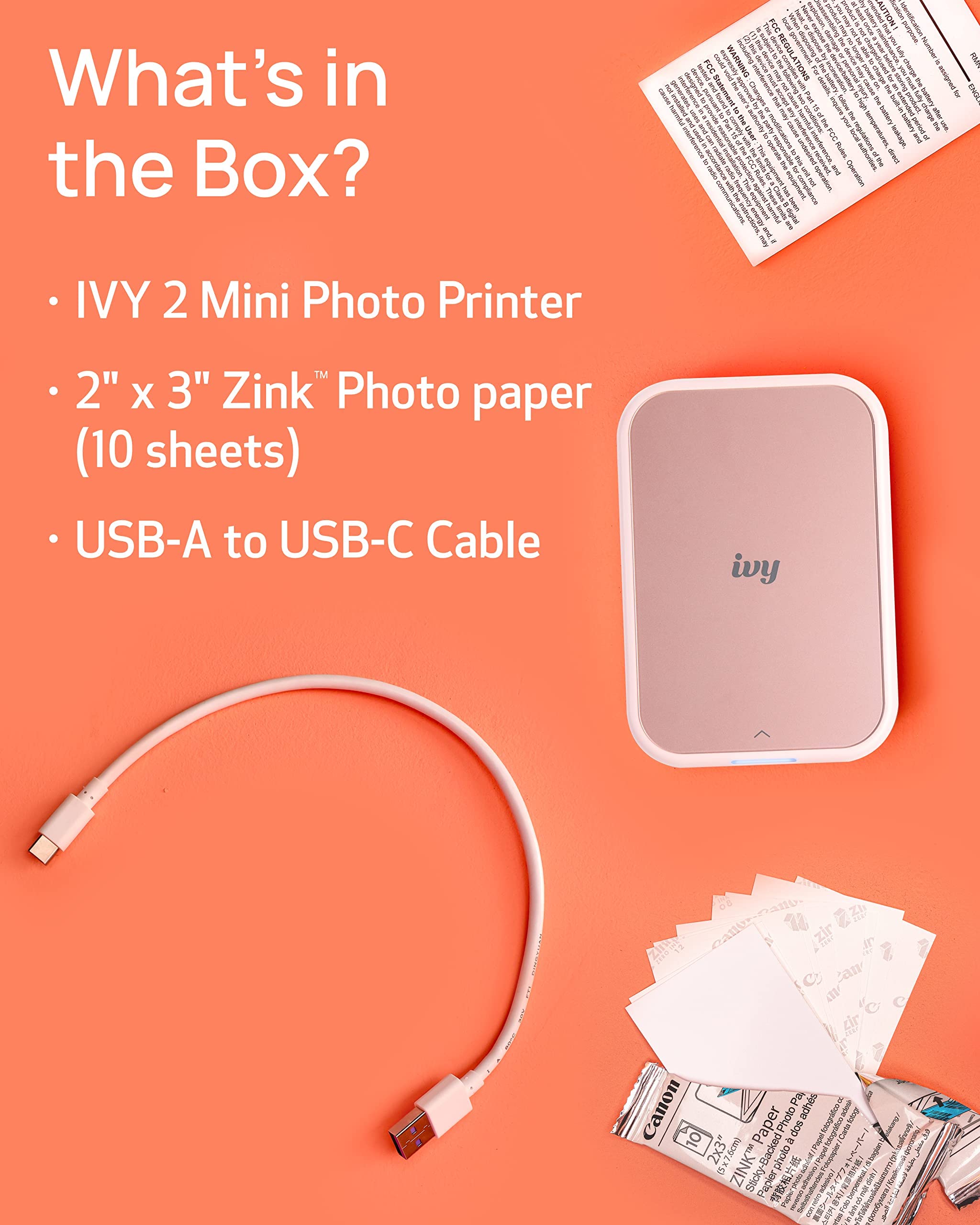 Canon Ivy 2 Mini Photo Printer - Wireless Portable Instant Printer for iPhone & Android, Sticky-Back Photo Prints in Blush Pink | Perfect for Travel, Scrapbooking & DIY Projects