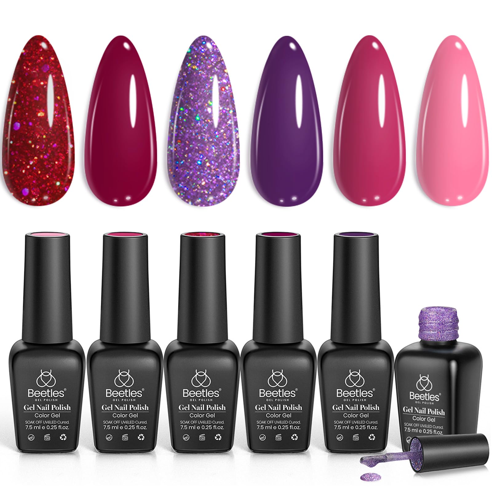 Beetles Gel Nail Polish Set - 6 Colors (Peach, Pink, Purple, Burgundy, Red Glitter) Ruby Sonatas Collection | Soak Off UV/LED Cured Nail Art Polish for Women | DIY Manicure at Home | Perfect for Parties, Weddings & Special Occasions