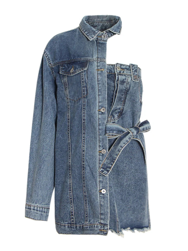 Women's Asymmetrical Patchwork Lace-Up Denim Mini Dress - One Shoulder Lapel Sleeve Design, Casual A-Line Dress for Party, Date Night & Summer Outfits