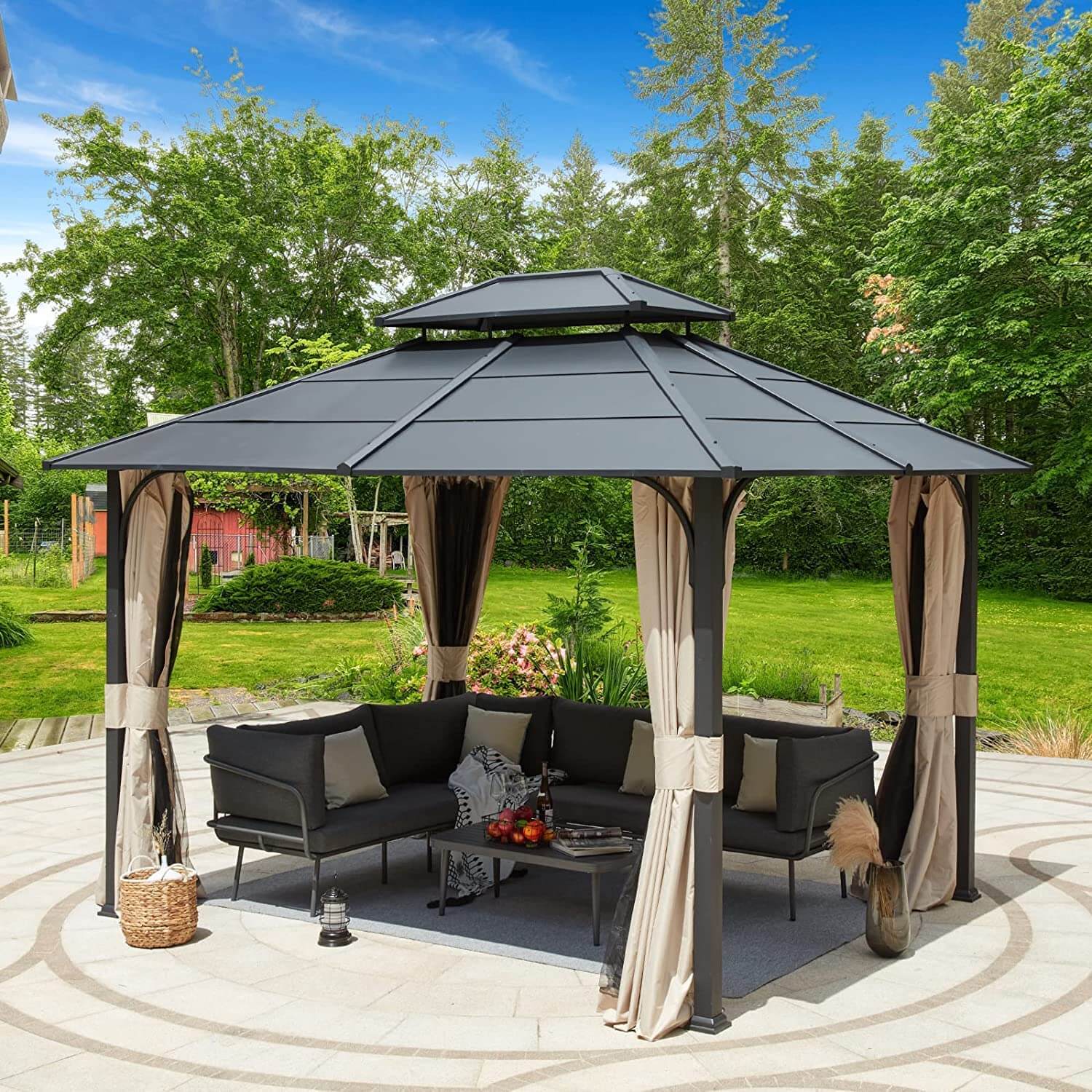 EROMMY 10' x 12' Hardtop Gazebo with Double Iron Roof, Curtains & Netting - Rust-Resistant Outdoor Canopy for Patio, Garden, Backyard Parties & BBQ Shelter