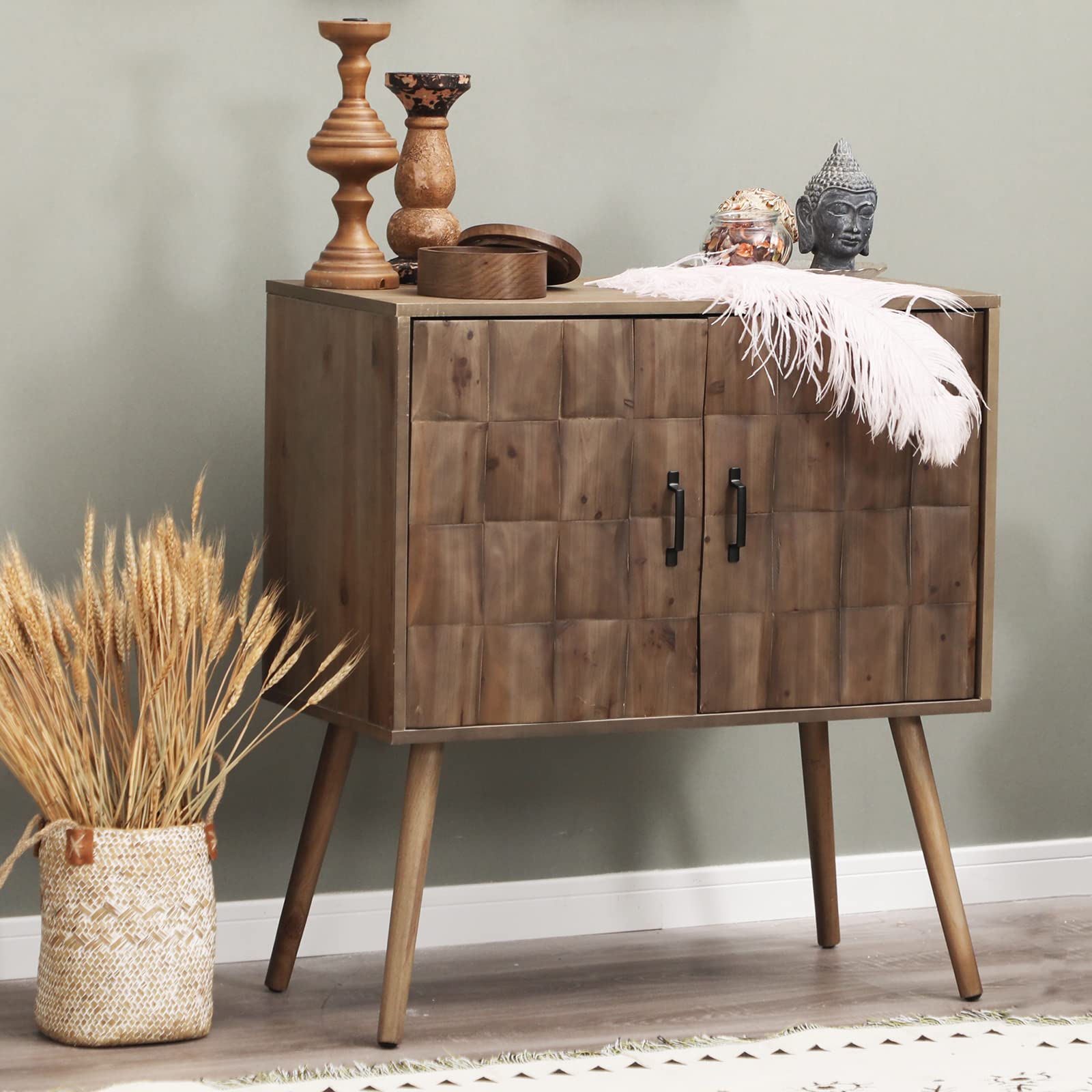 PHI VILLA Solid Pine Wood Accent Buffet Sideboard Cabinet with Doors - 2-Tier Nightstand with Storage, Bedside End Table & Bedroom Dresser - Perfect for Entryway, Living Room, Bedroom & Home Office Furniture Organization