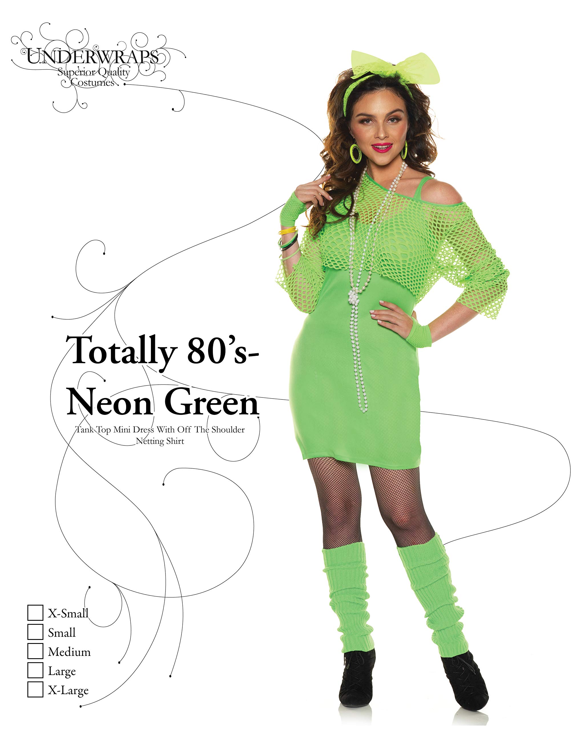 UNDERWRAPS Women's 80s Neon Green Costume - Retro 80s Inspired Tank Top Mini Dress & Mesh Crop Top Set for Halloween, Cosplay, and 80s Theme Parties