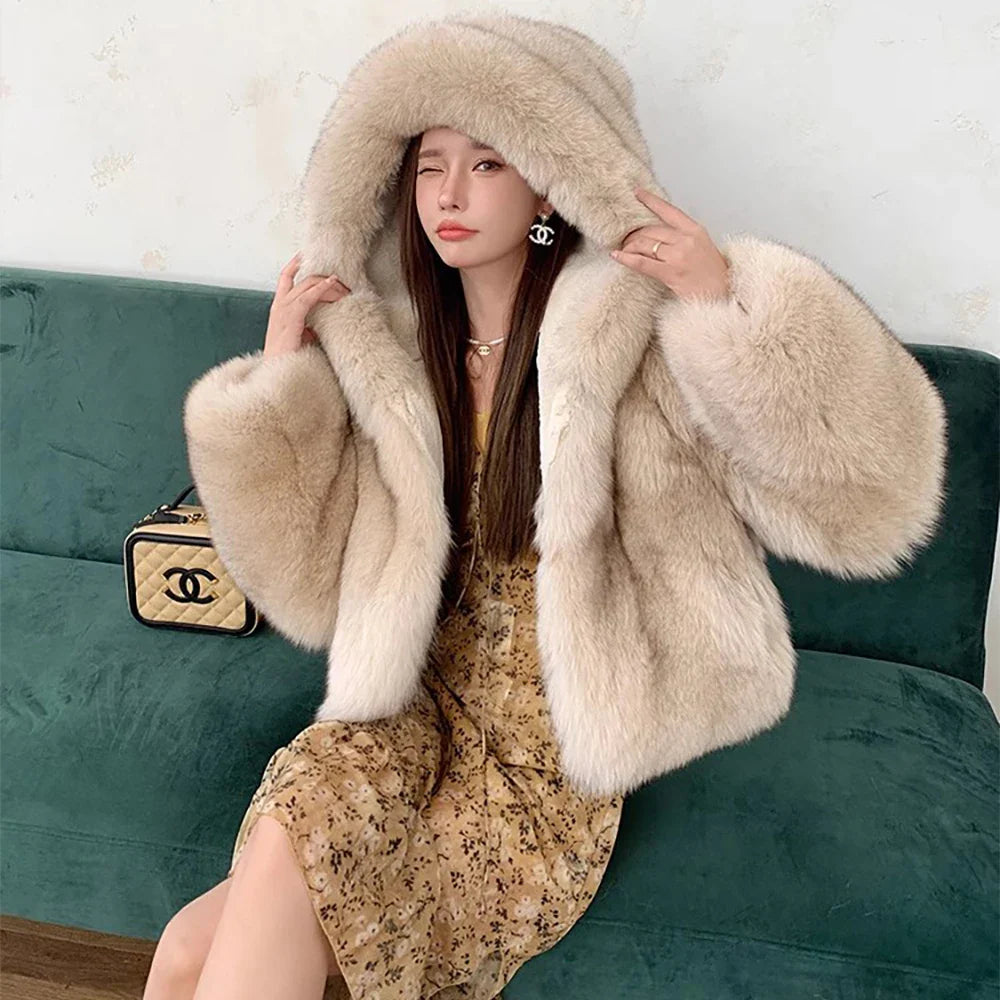 Luxury Faux Fur Coat for Women - Soft Warm Hooded Jacket, Vintage Style Winter Outerwear for Casual Outings & Holiday Parties
