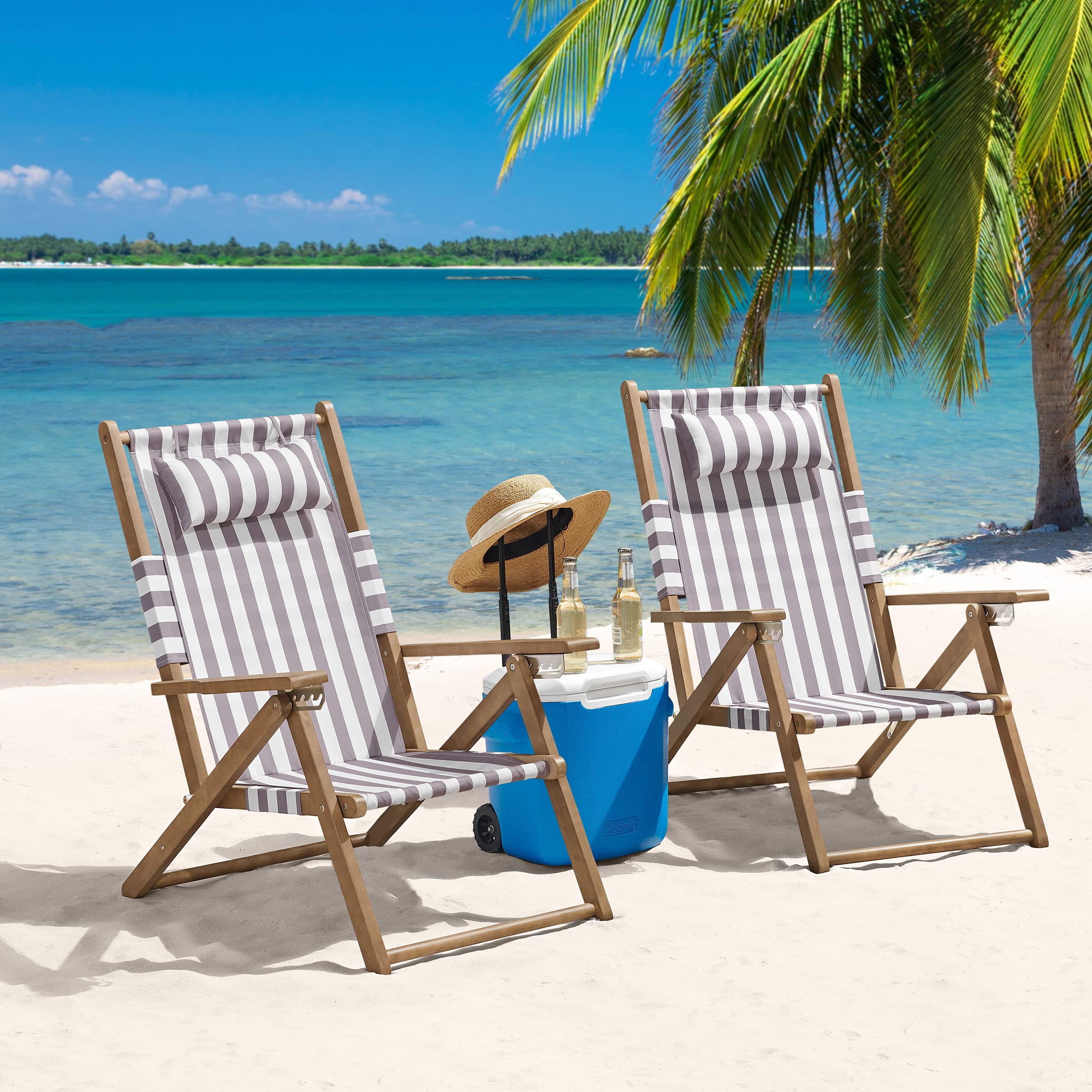 Premium Set of 2 Weather-Resistant Folding Beach Chairs with Adjustable Reclining Back & Carry Straps - Outdoor Patio Furniture for Poolside, Backyard, Camping & Beach Vacations (Taupe)