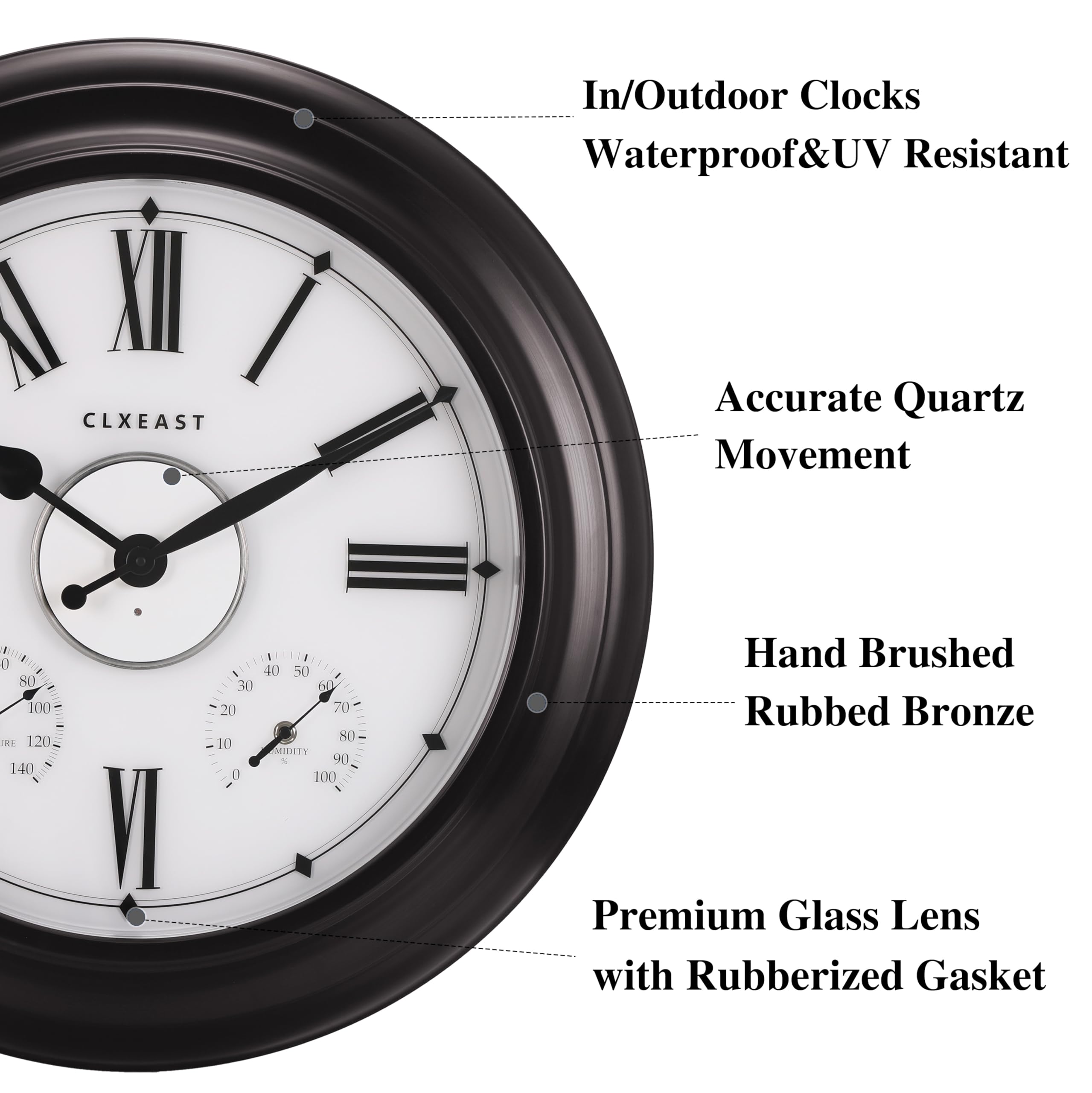 CLXEAST 24 Inch Large Outdoor Wall Clock with Thermometer & Hygrometer - Waterproof Metal Clock for Indoor/Outdoor Use - Oil Rubbed Bronze Black Finish - Perfect for Home, Garden, Office & Easter Decorations Gifts