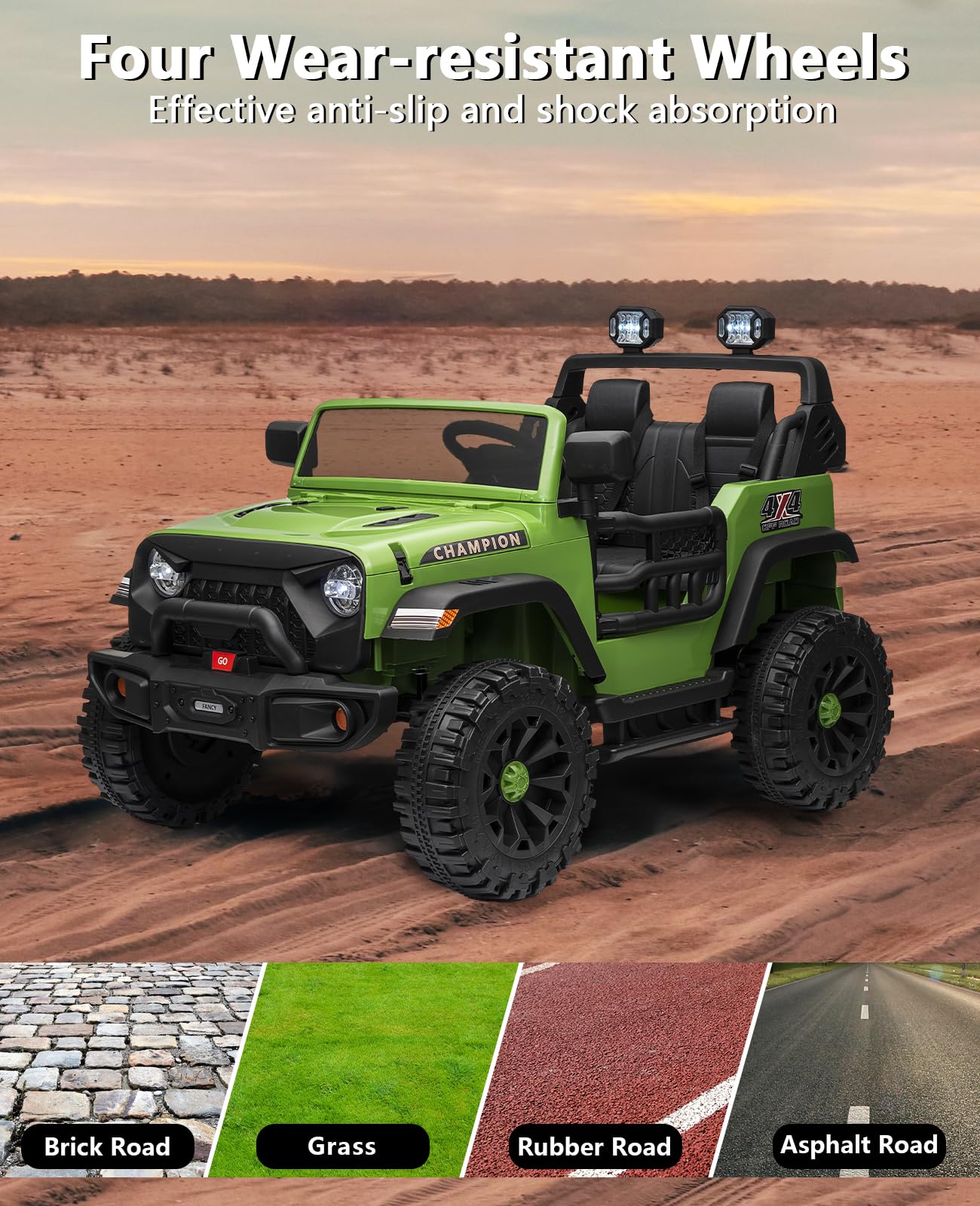 GARVEE 24V Kids Electric Ride On Car - 2 Seater XL Power Wheels for Boys & Girls Ages 3-8 | 3 Speed, 200W Dual Motor, Bluetooth Music, Parent Remote Control, Suspension System | Perfect for Backyard Play, Birthday Gifts & Outdoor Family Fun (Green)