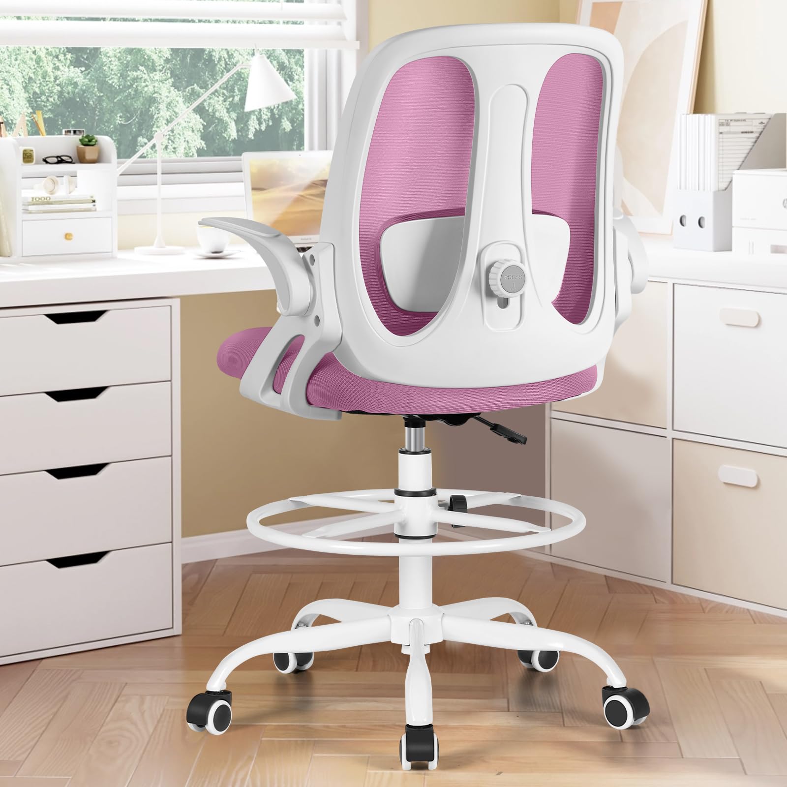Ergonomic Drafting Chair with Adjustable Lumbar Support & Flip-Up Armrests - Tall Office Stool with Footrest Ring - Pink Executive Computer Chair for Home Office, Studio, and Standing Desk Workstations