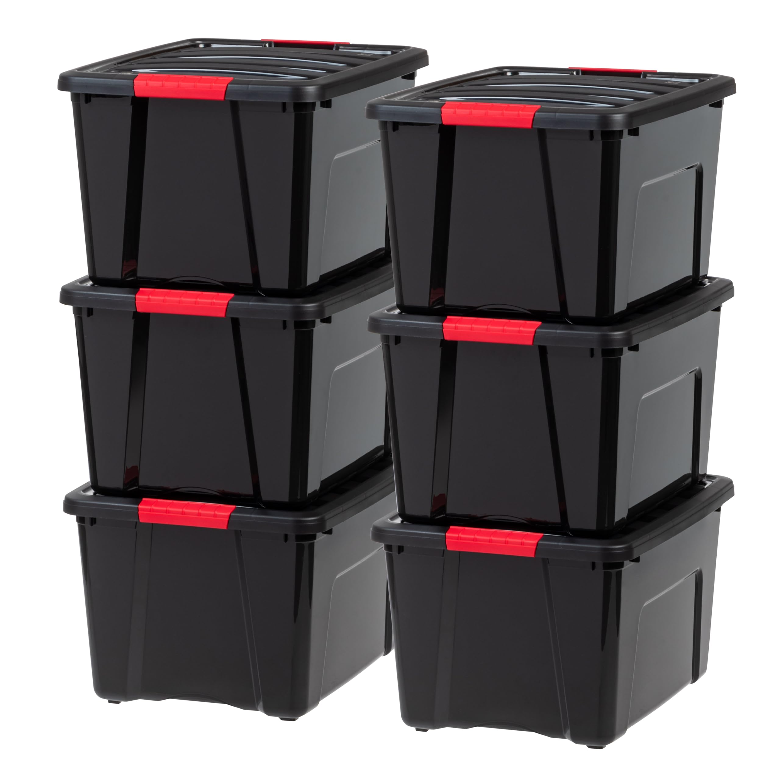 IRIS USA 40 Qt Stackable Plastic Storage Bins with Lids, 6 Pack - BPA-Free, Made in USA - Durable Nestable Containers for Garage Organization, Home Storage & Closet Organization - Secure Pull Handle & Latches - Black