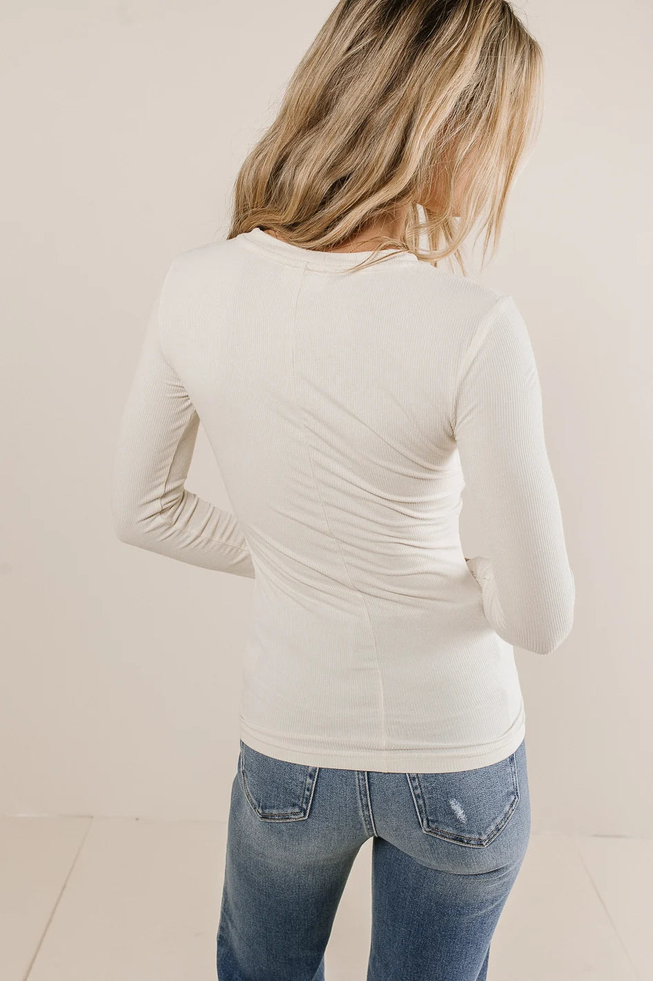 Journee Women's Ribbed Knit Top in Cream - Soft Stretch Crewneck Shirt for Casual Wear, Layering & Everyday Outfits | FINAL SALE