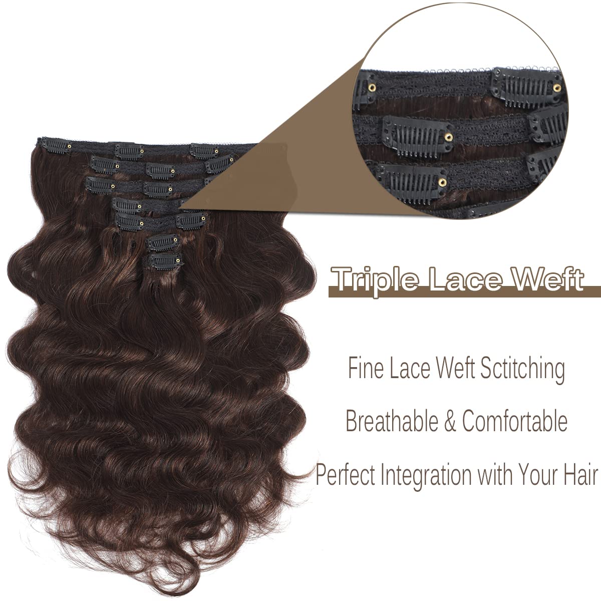 16 Inch Clip In Hair Extensions - 100% Real Human Hair for Black & White Women - Dark Brown Wavy Seamless Hair Wefts for Natural Look | Perfect for Daily Wear, Parties & Special Occasions