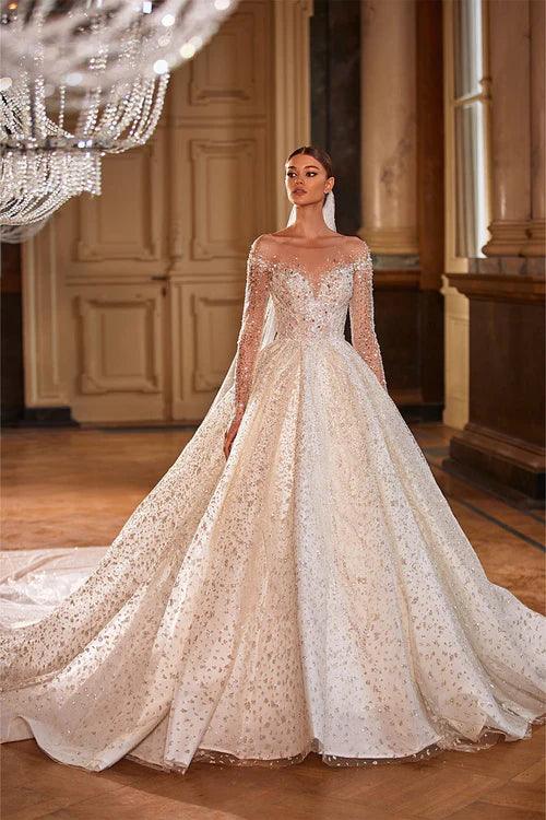 Royal French White Princess Bridal Gown - Long Sleeve Sparkling Beaded Wedding Dress for Bride, Ball Gown & Formal Occasions