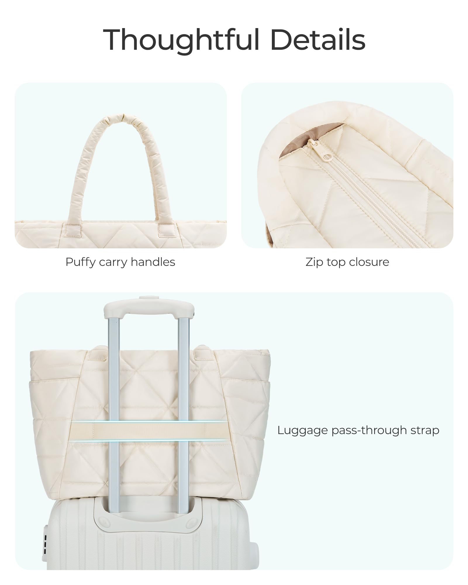 BAGSMART Large Quilted Tote Bag for Women - Puffy Zippered Shoulder Bag with Multiple Compartments | Perfect for Travel, Work, Gym & Daily Use