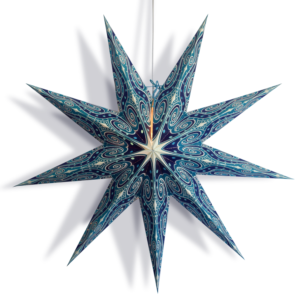 24 Pack Turquoise Blue Mouri Glitter 9-Point Paper Star Lanterns - Hanging Party Decorations for Christmas, Wedding, Baby Shower & Home Decoration