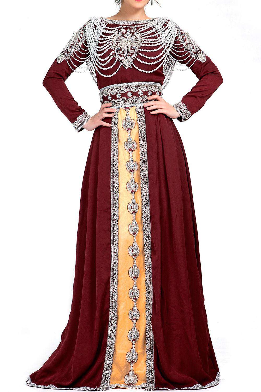 Exclusive Silk Designer Caftan - Maroon & Beige Luxury Kaftan Dress for Women | Perfect for Beach Cover-ups, Resort Wear & Special Occasions