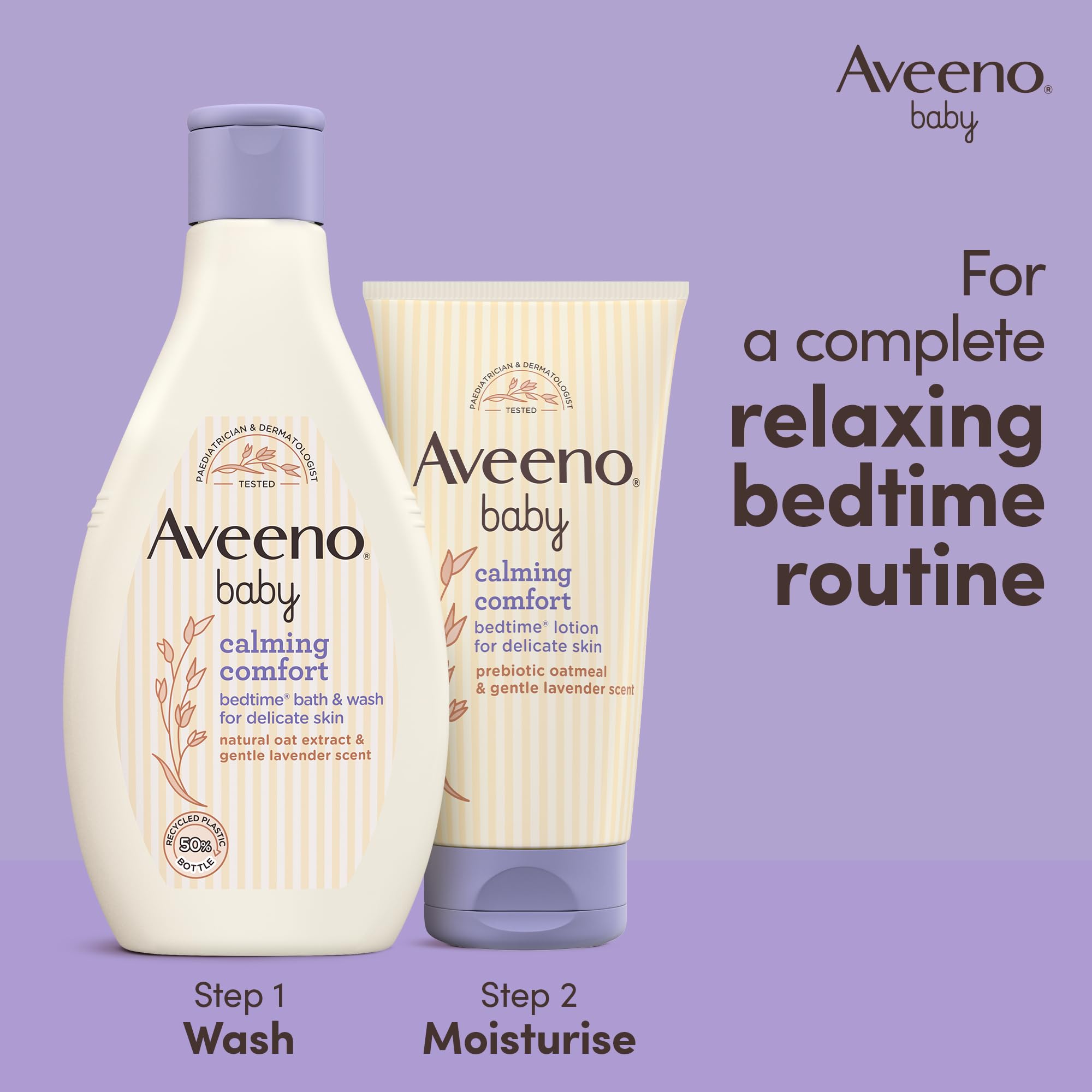 Aveeno Baby Calming Comfort Bedtime Bath & Wash - 8.5 fl oz (250ml) | Gentle Baby Body Wash & Shampoo | Soothing Lavender & Vanilla Scent | Hypoallergenic & Tear-Free | Perfect for Nighttime Bath Routine & Relaxing Baby Before Sleep