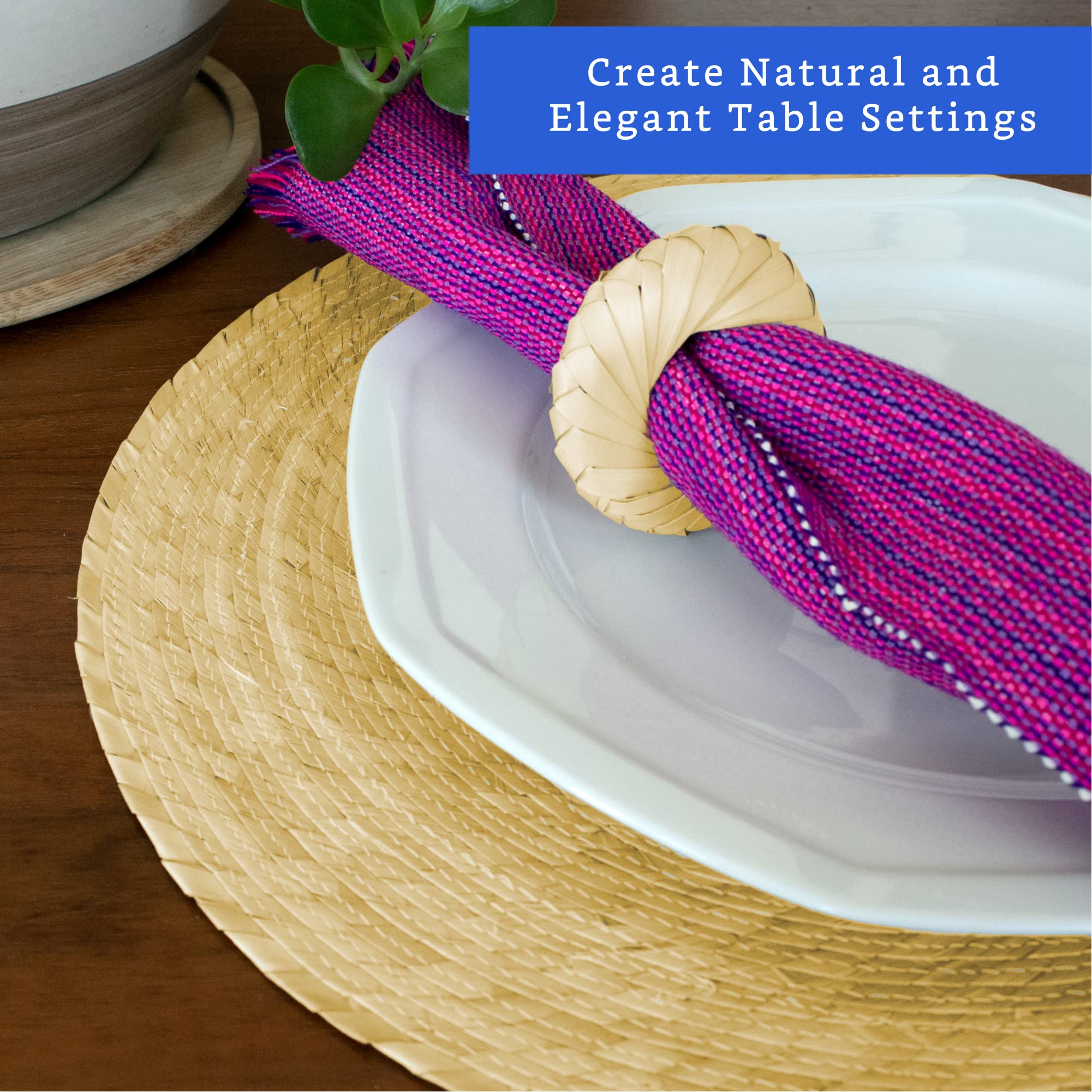 Handmade Natural Woven Round Placemats Set of 6 with Napkin Rings - Eco-Friendly Straw Wicker Chargers for Dining Table - Rustic Wedding & Home Decor Place Settings for Everyday Use & Special Occasions