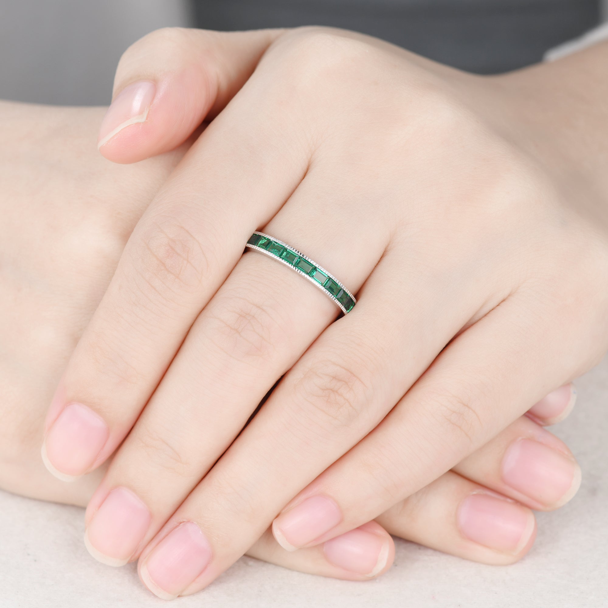Milgrain Baguette Emerald Wedding Band - Full Eternity Ring for Women | Elegant Bridal Jewelry, Anniversary Gift & Engagement Ring Alternative | Perfect for Weddings, Proposals & Special Occasions
