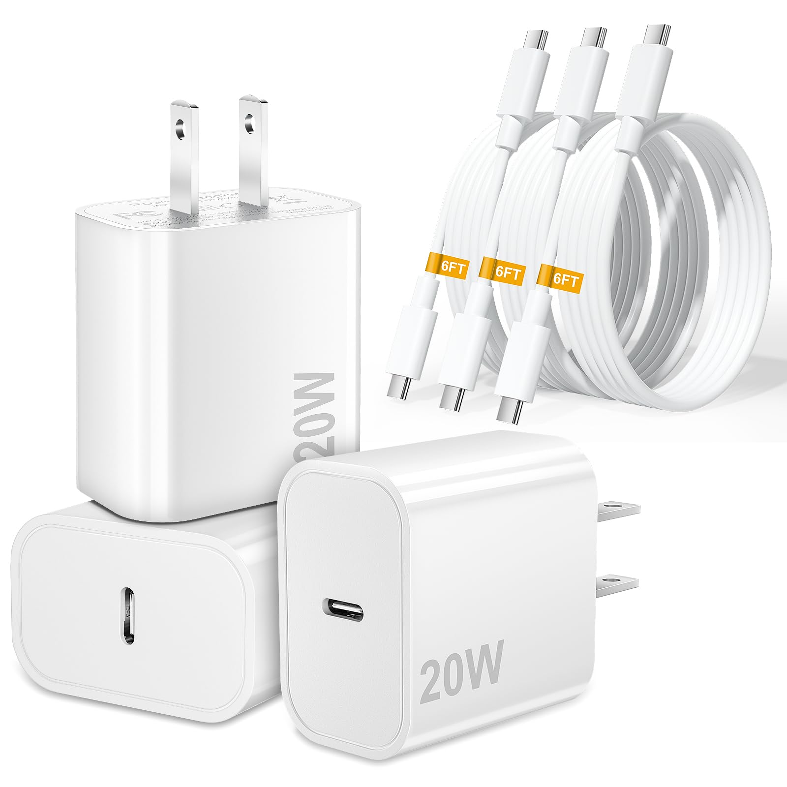 [3-Pack] 20W USB C Fast Charger Block with 6FT USB C to USB C Cable - Compatible with iPad Air 4/5, iPad Mini 6, iPad Pro 12.9 3/4/5/6, iPad Pro 11 (2018-2022), Samsung & LG - Perfect for Home, Office & Travel Charging
