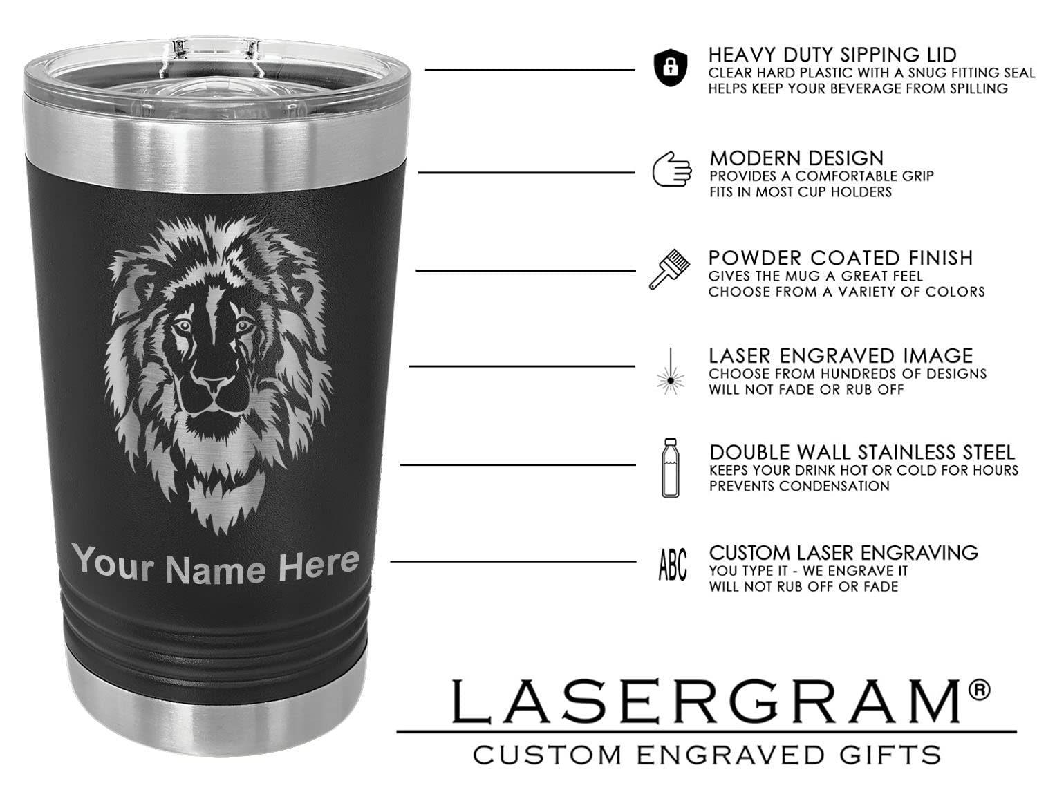 LaserGram 16oz Vacuum Insulated Stainless Steel Tumbler with Lid - Personalized Engraved Great White Shark Design - Keeps Drinks Hot/Cold for Hours - Perfect for Coffee, Tea, Beer & Outdoor Activities (Black)