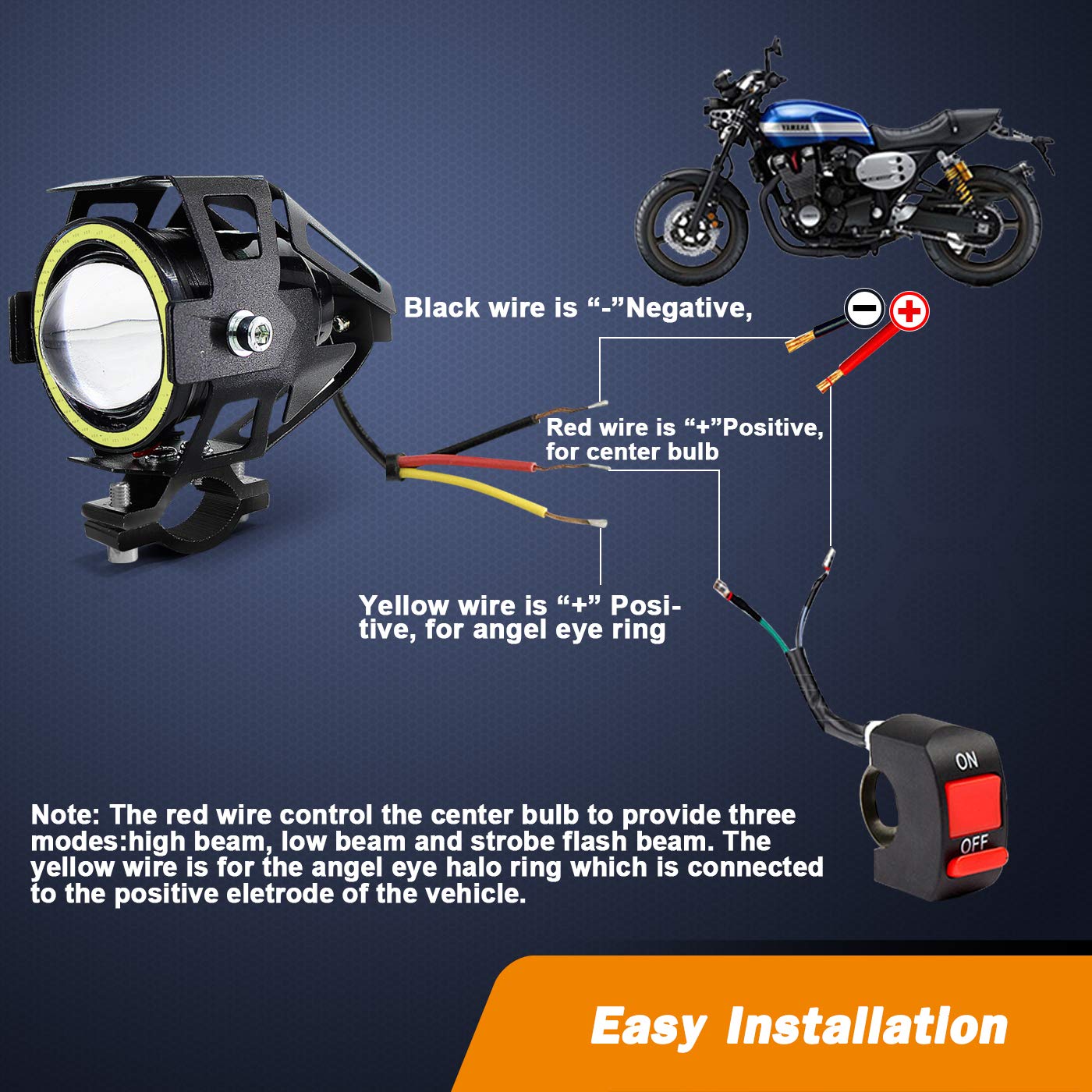 Motorcycle LED Fog Lights - U7 Spotlight Daytime Running Lights with White Angel Eyes Halo Ring & Switch (2 Sets) - Perfect for Night Riding, Off-Road Adventures & Enhanced Visibility