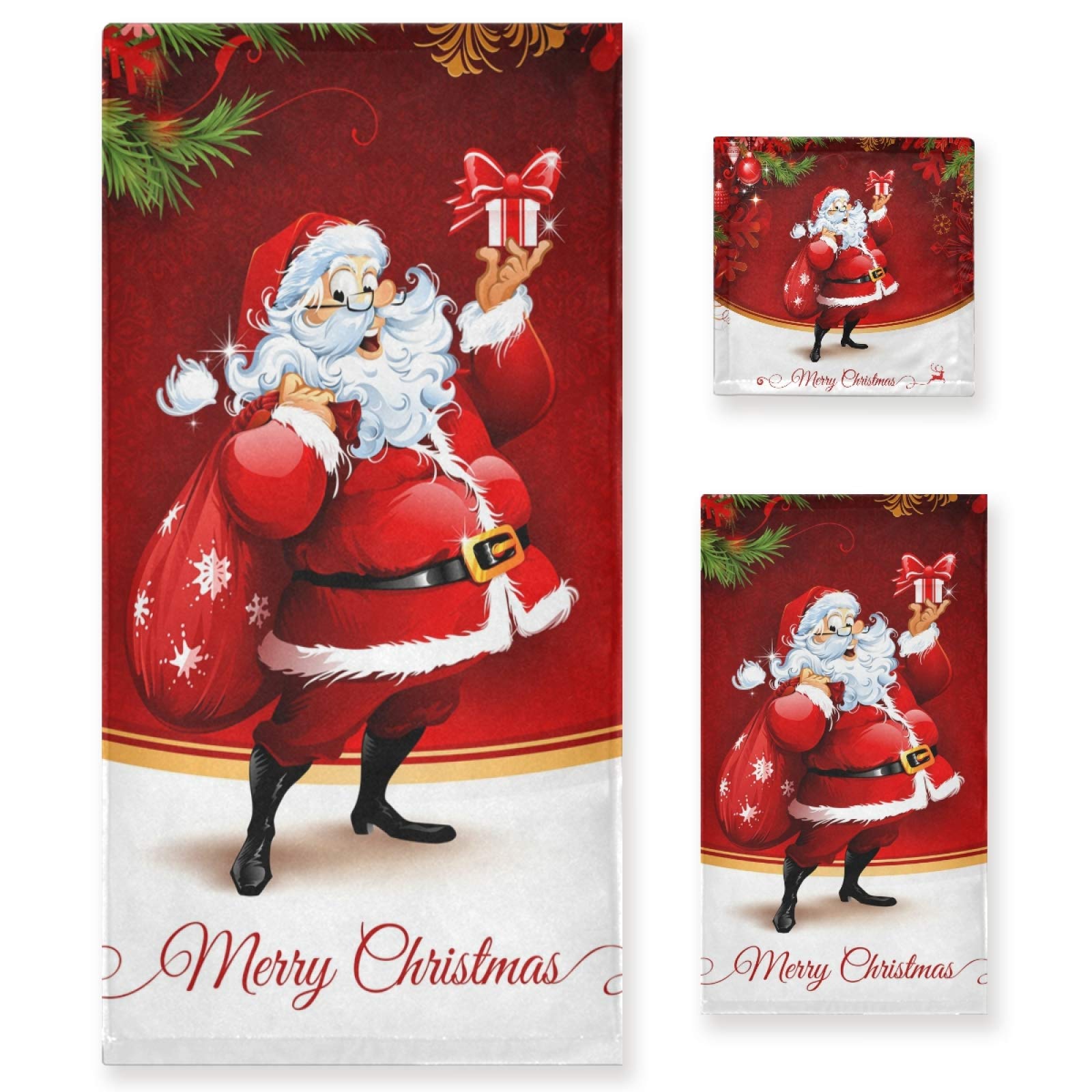 Vintage Christmas Santa Gift Decorative 3-Piece Towel Set - 1 Bath Towel, 1 Hand Towel, 1 Washcloth | Soft Luxury Holiday Home Decor for Bathroom, Hotel, Gym, Spa & Kitchen | Perfect for Christmas Decorations, Guest Bathrooms & Cozy Winter Gifts