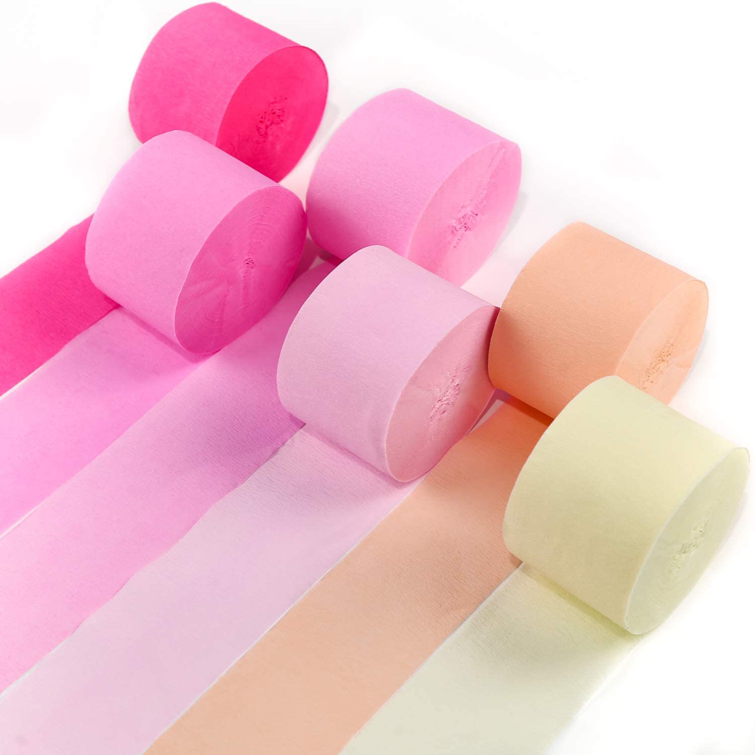 PartyWoo Crepe Paper Streamers 6 Rolls (492ft) - Pink, Hot Pink, Peach & Yellow for Birthday, Wedding & Party Decorations | 1.8