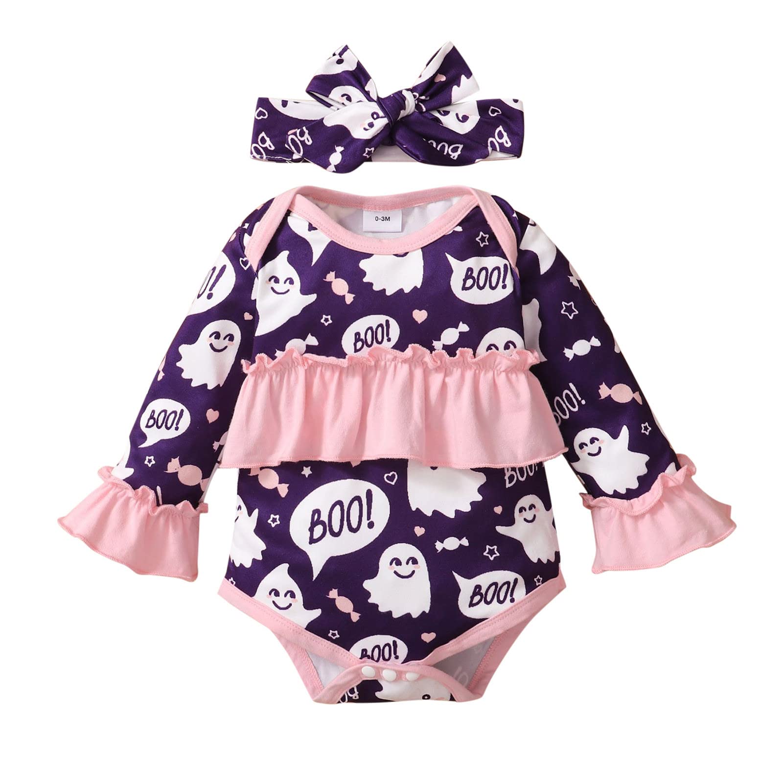 Baby Girls Halloween Romper & Headband Set - Pink Long Sleeve Hooded Outfit for 0-3 Months | Cute Infant Toddler Costume for Parties, Photo Shoots & Trick-or-Treating