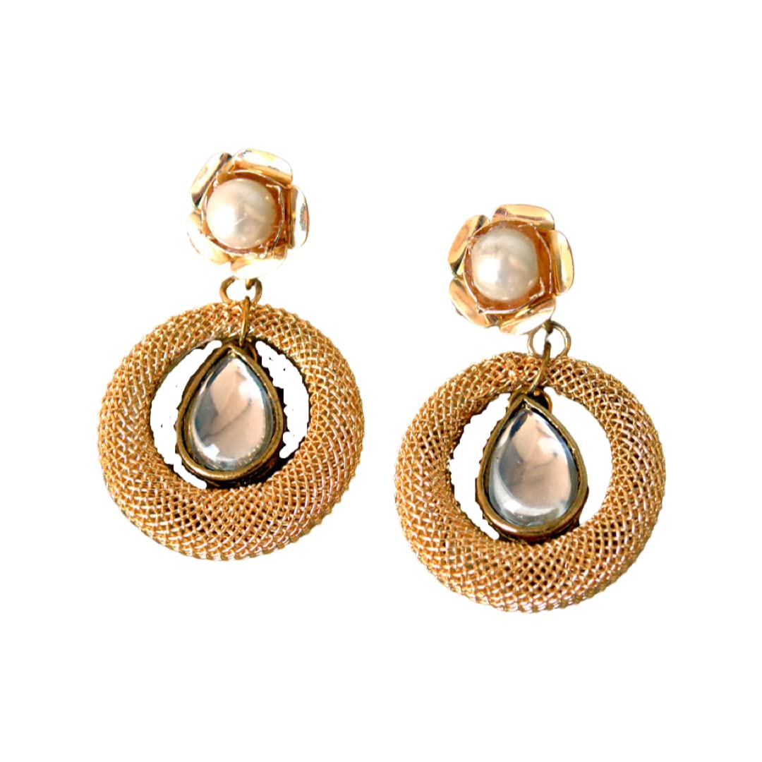 Golden Floral Stud with Pearl Hoop Mesh Earrings - Dangling Drop Shape Kundan Hoop - Bollywood Designer Indian Jewelry Set for Women - Perfect for Weddings, Parties & Festive Occasions