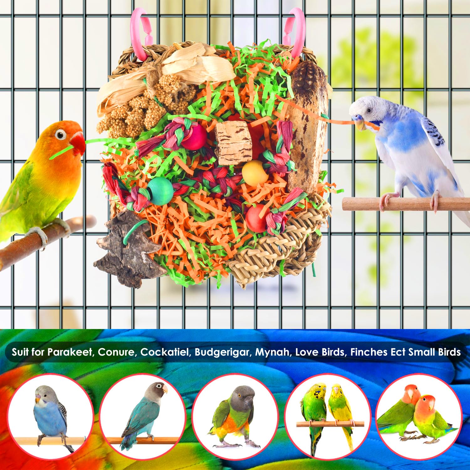 KATUMO Bird Foraging Toys - Natural Grass Mat Chew & Shred Hanging Toy for Parakeets, Conures, Cockatiels, Lovebirds, Budgies & Small-Medium Birds | Cage Enrichment Activity & Stress Relief