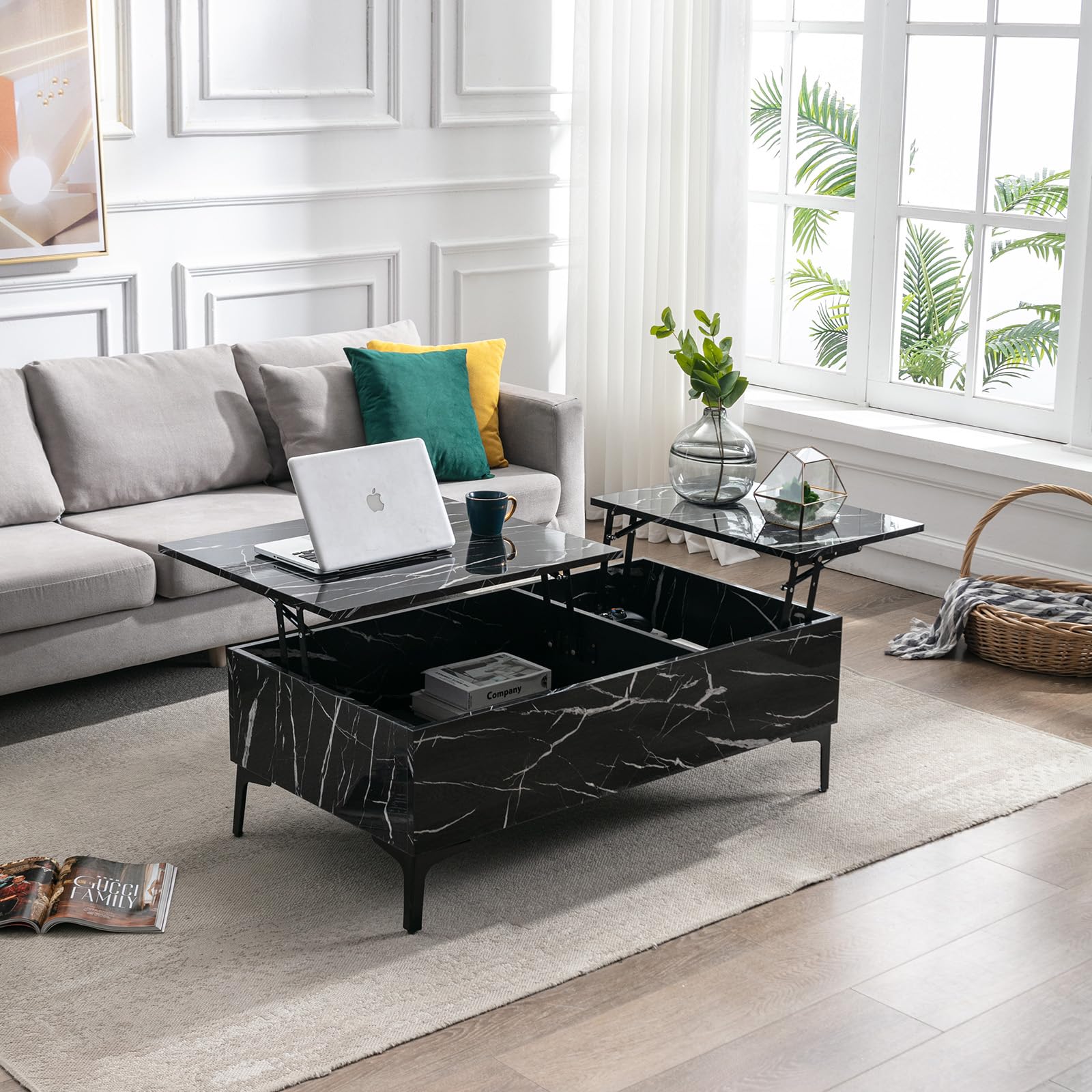 COSVALVE Lift Top Coffee Table with Hidden Storage, Marble Surface 2-Side Lift Tabletop - Modern Black Lift-Top Dining Table & Work Desk for Living Room, Home Office, Reception Area | Space-Saving Multi-Functional Furniture for Small Apartments & Studios