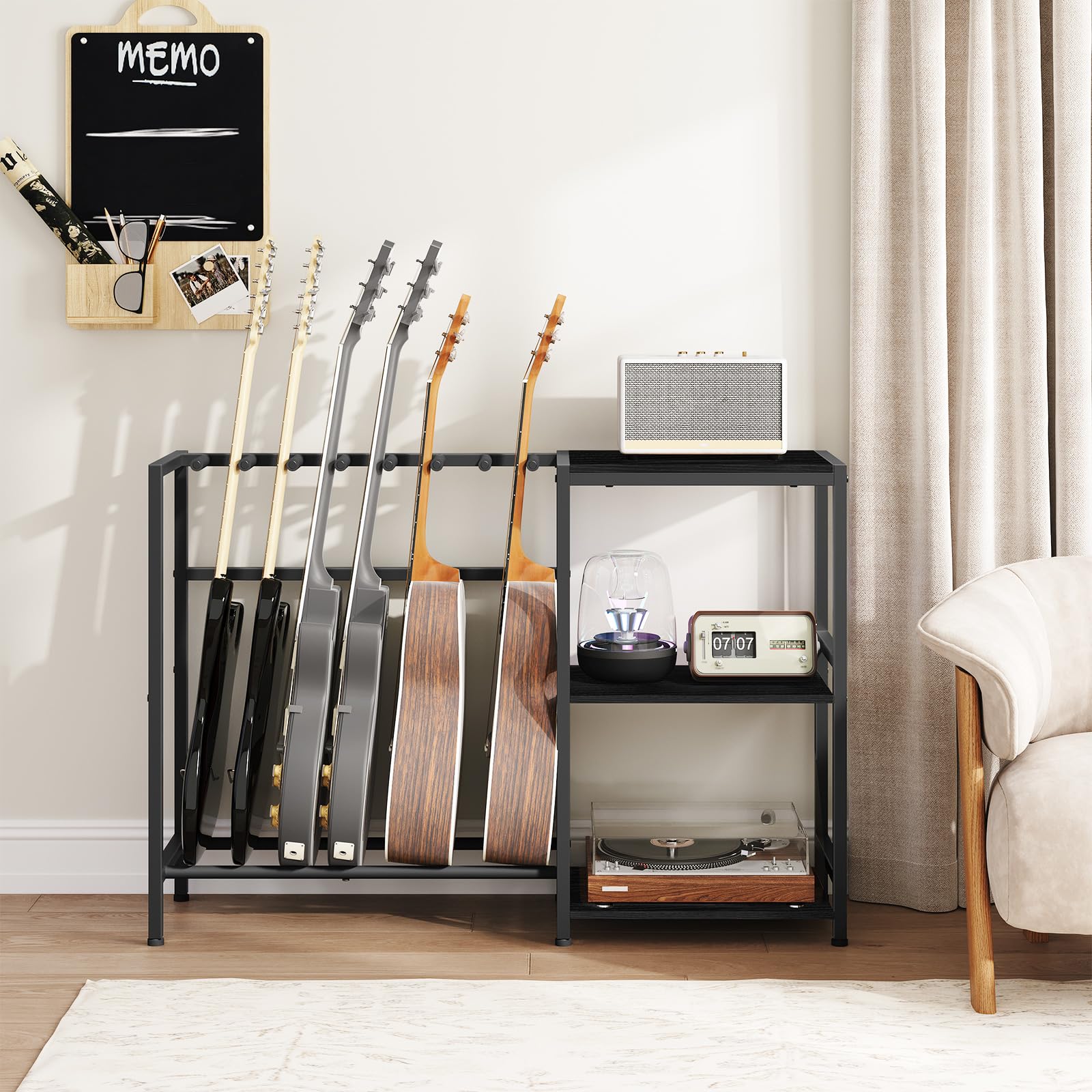 Premium Guitar Stand Holder for 5-6 String Instruments - Acoustic Guitar & Bass Stand with Side Shelves for Record Player - Non-Slip Rubber Pads - Black GSBK9701 - Perfect for Home Studios, Music Rooms & Live Performances