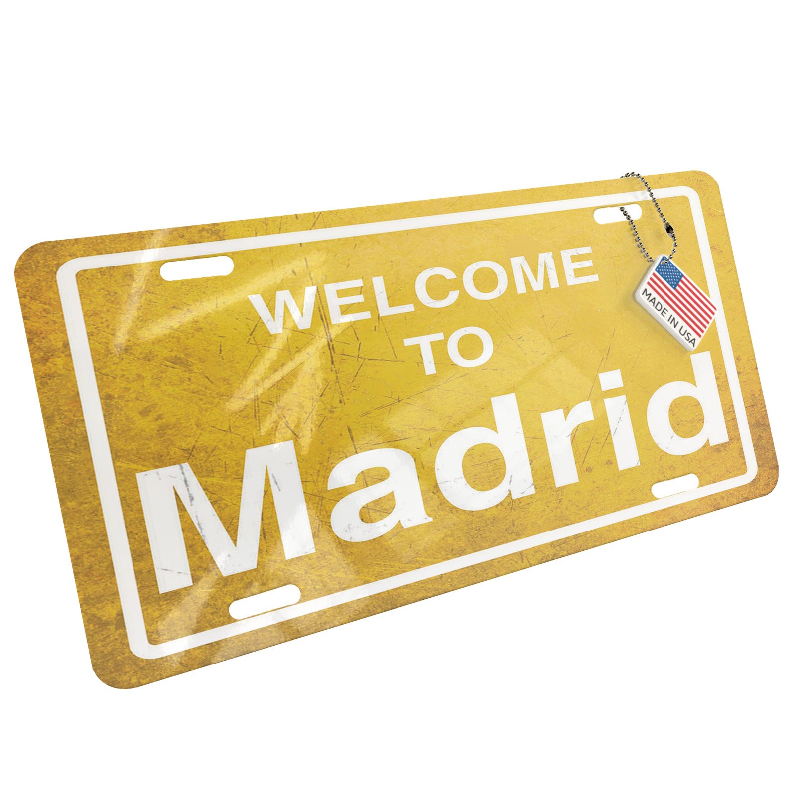Custom Metal License Plate - Yellow Road Sign 'Welcome to Madrid' - Unique Car Accessory for Travel Enthusiasts & Road Trip Decor
