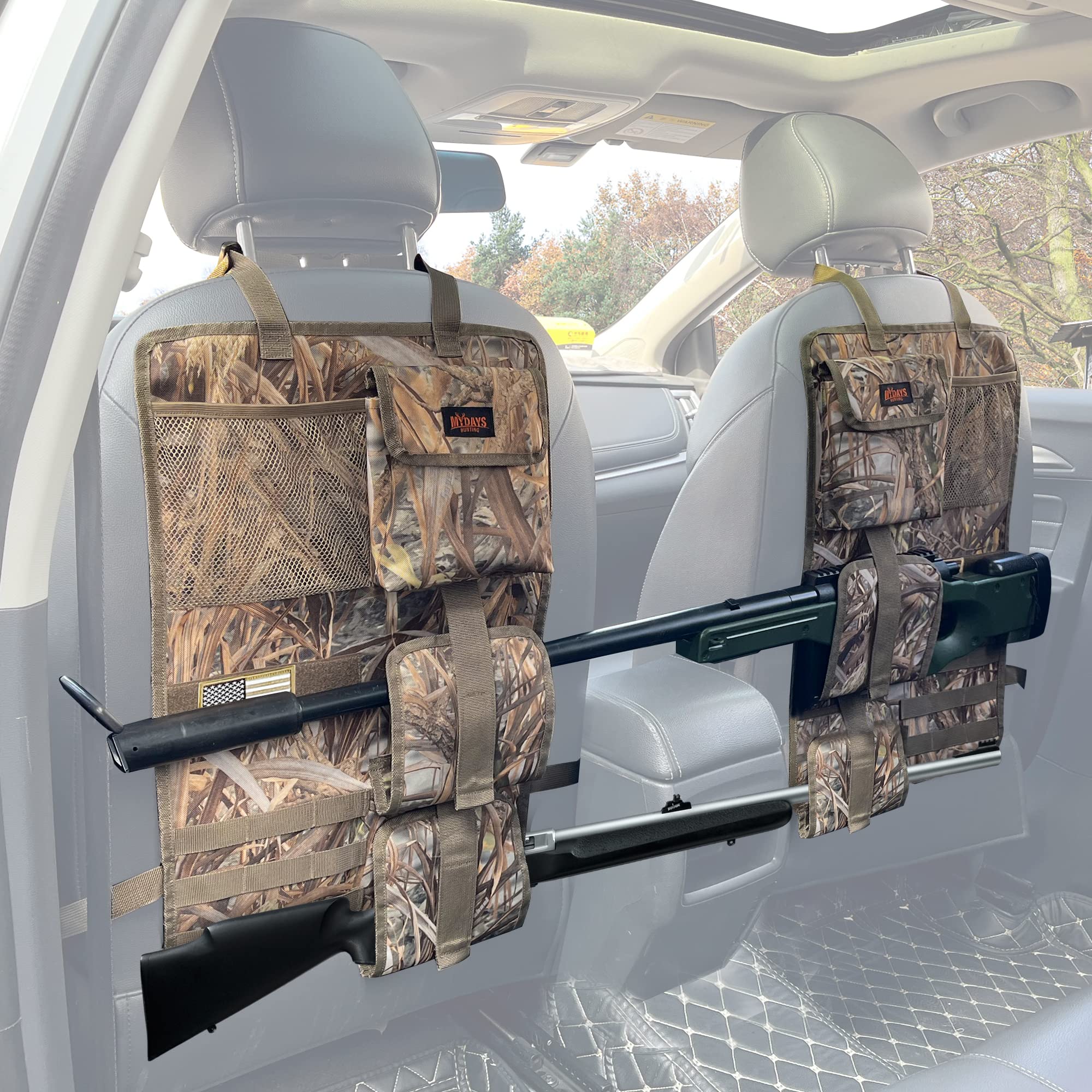 MYDAYS 2 Pack Tactical Gun Organizer for Car Seats - Molle Panel Vehicle Storage for Hunting Rifles & Shotguns (Camo) - Perfect for Hunting Trips, Road Trips & Outdoor Adventures