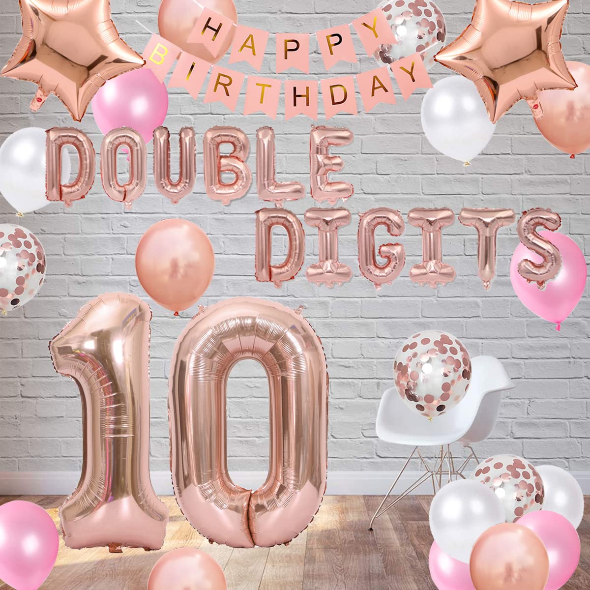 10th Birthday Decorations for Girls - Rose Gold Double Digits Banner, Foil Star Balloons & Confetti Set - Cheers to 10 Years Old Party Supplies - Perfect for Birthday Parties, Photo Backdrops & Milestone Celebrations