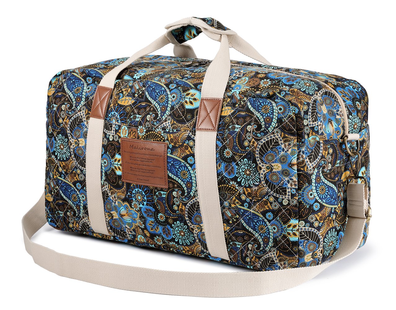 Malirona Canvas Weekender Bag - Large Travel Duffel Bag for Women & Men, Perfect for Weekend Getaways, Overnight Trips & Gym (Black Floral Pattern) | Durable Carry-On Luggage with Spacious Compartments