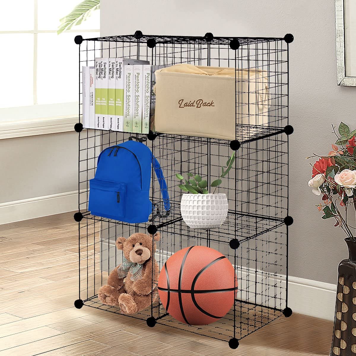 Safeplus DIY Wire Cube Storage Shelves - 6-Cube Stackable Bookcase, Closet Organizer & Grid Shelf for Home, Office, Dorm | Black | Perfect for Books, Toys, Clothes & Home Organization