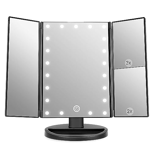 Clubx 22 LED Lighted Travel Makeup Mirror - Trifold Magnifying Vanity Mirror with Adjustable Brightness for Home & Travel - Perfect for Makeup, Skincare & Grooming