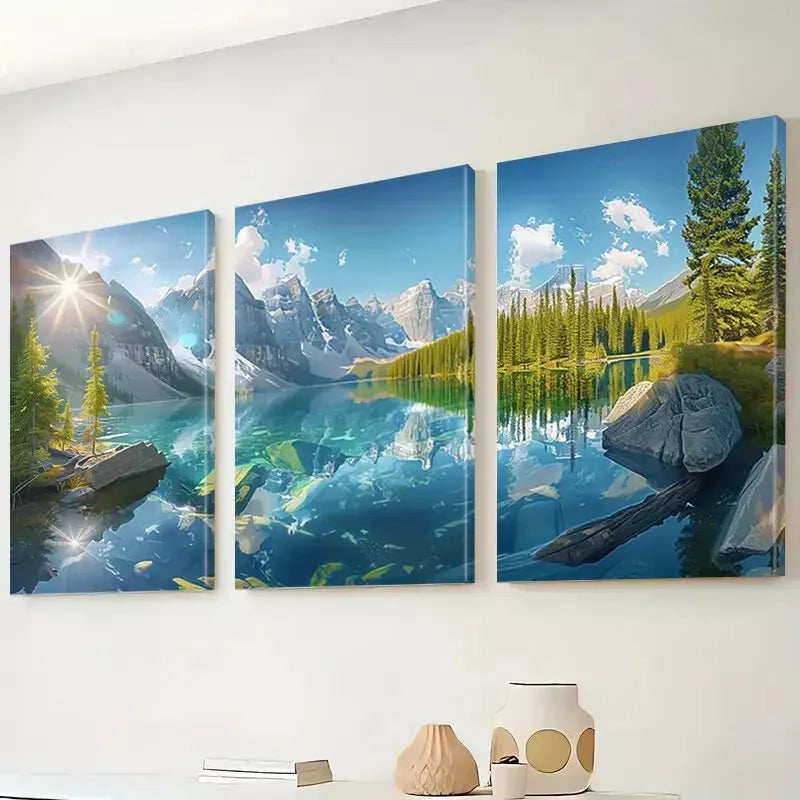 3-Piece Sky White Clouds Lakes Mountains Forests Wall Art Set - Framed Canvas 50x70cm | High Quality Print | 100% Australian Made | Ready to Hang | Perfect for Living Room, Bedroom & Office Decor