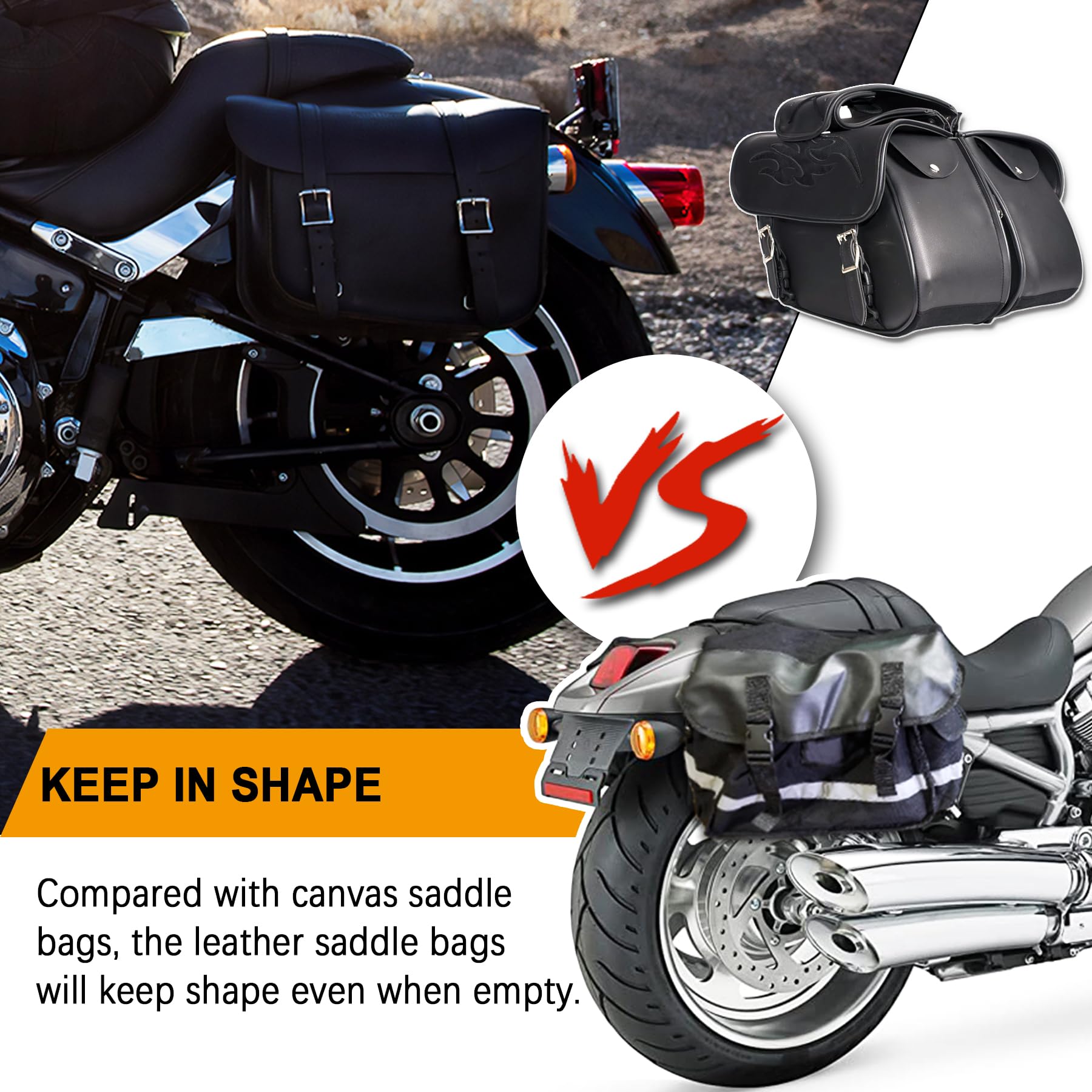 Dream Apparel Faux Leather Motorcycle Saddle Bags - Waterproof PVC Throw Over Side Bags for Honda Shadow, Sportster, Softail & Dyna V-Star Cruisers (Black No Studs) - Perfect for Road Trips & Daily Commuting