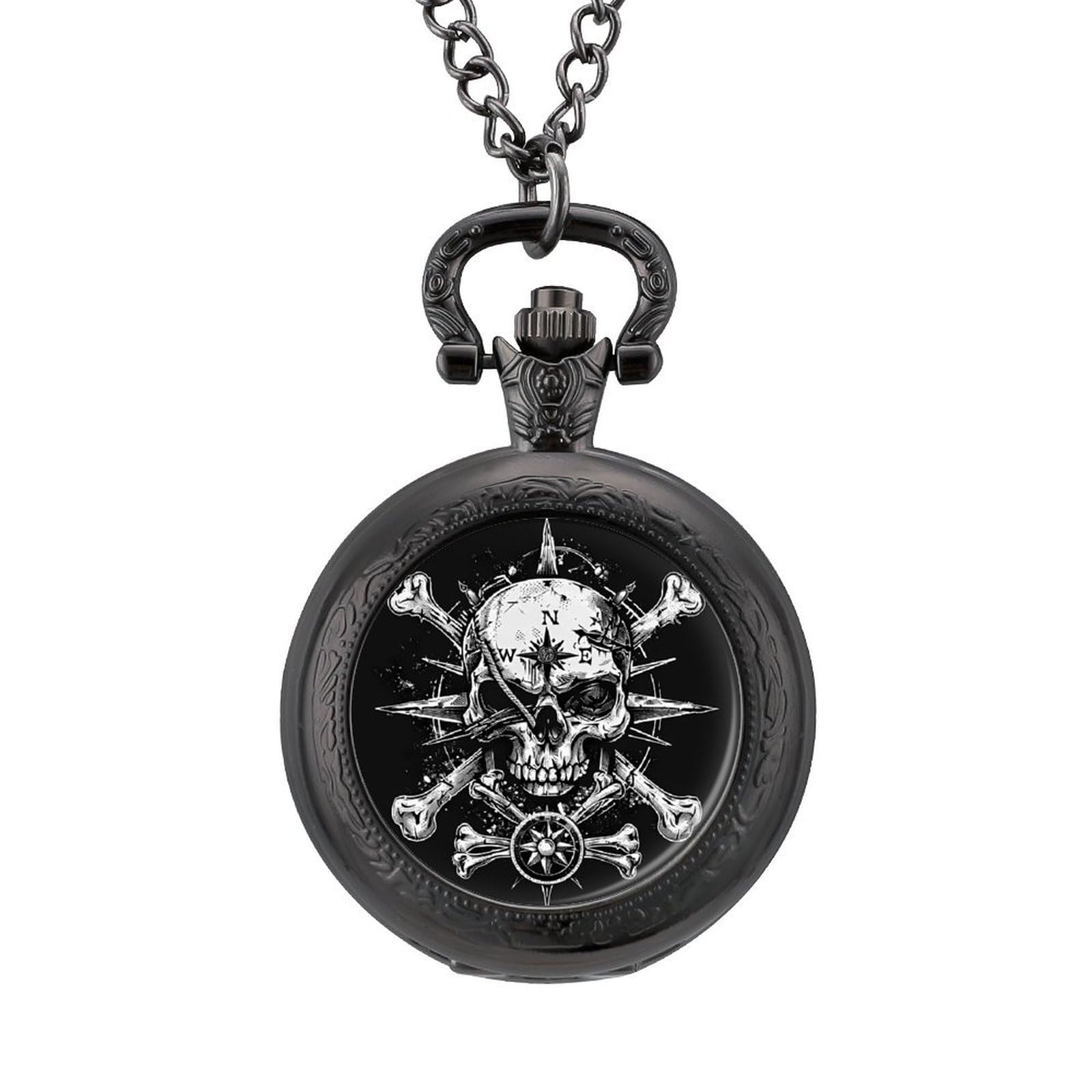 Vintage Skull Compass Pocket Watch with Numerals Scale & Chain - Quartz Movement Pendant Necklace for Men Women - Perfect for Outdoor Adventure, Steampunk Fashion & Gothic Gift Giving