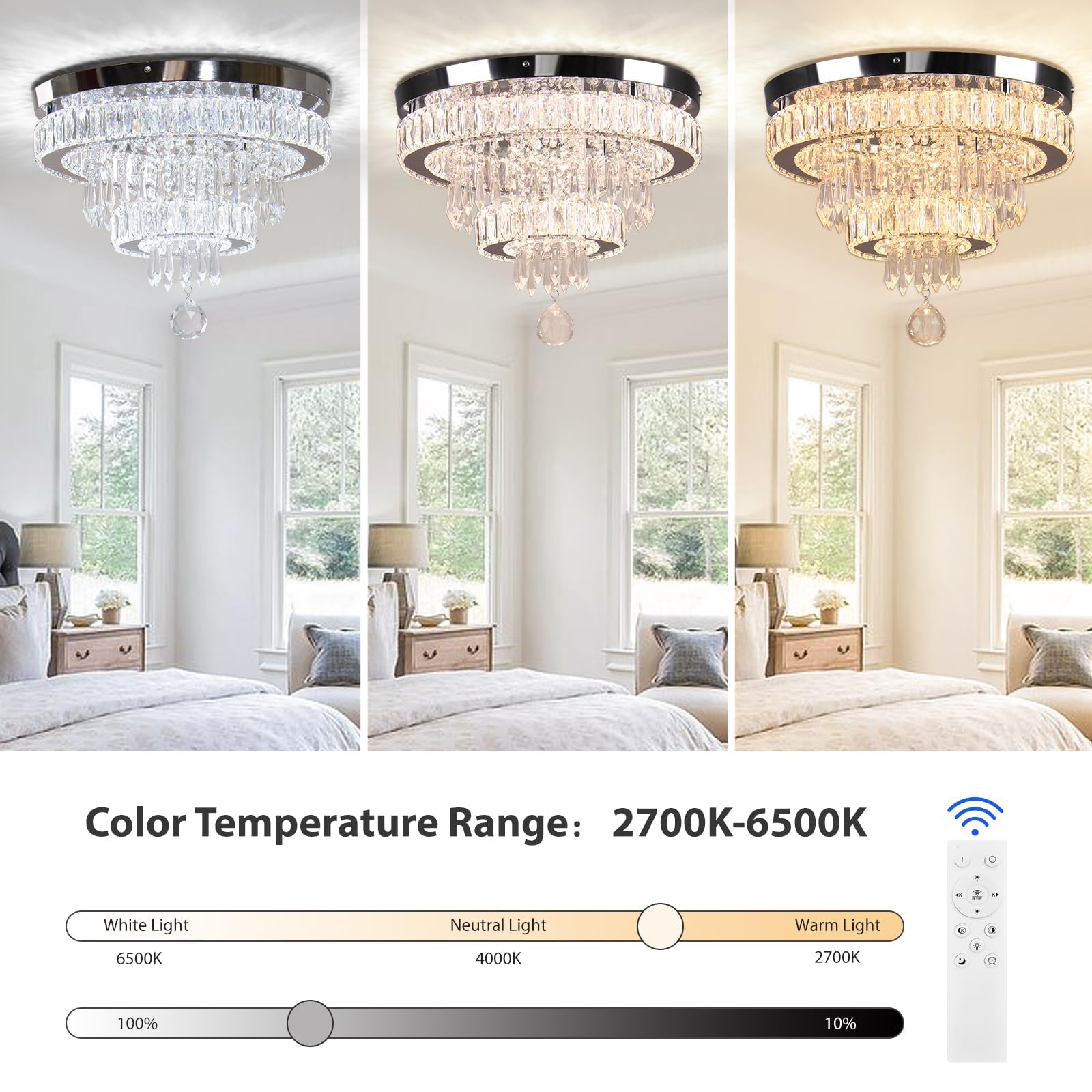 Modern Crystal Chandelier Flush Mount Ceiling Light - 16 Inch Dimmable LED Lighting Fixture with Remote Control for Bedroom, Dining Room, Living Room - Elegant Home Decor & Wedding Venue Lighting