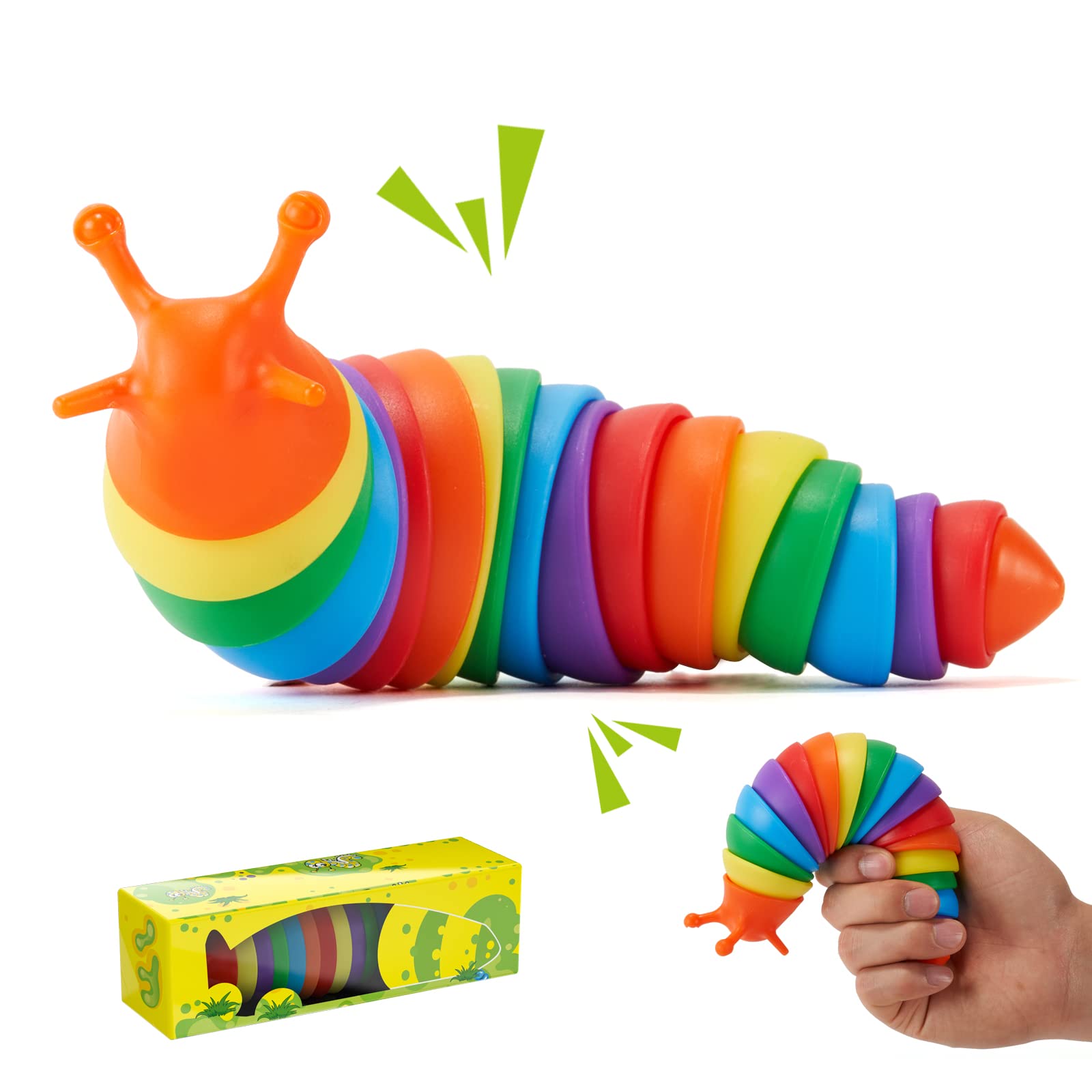 3D Articulated Fidget Slug Mini Toy - Sensory Stress Relief & Anxiety Relief for Kids, Adults - Rainbow Finger Toy for Relaxation, Focus & Decompression - Perfect for ADHD, Autism, Classroom, Office & Travel (Orange Head-Rainbow)